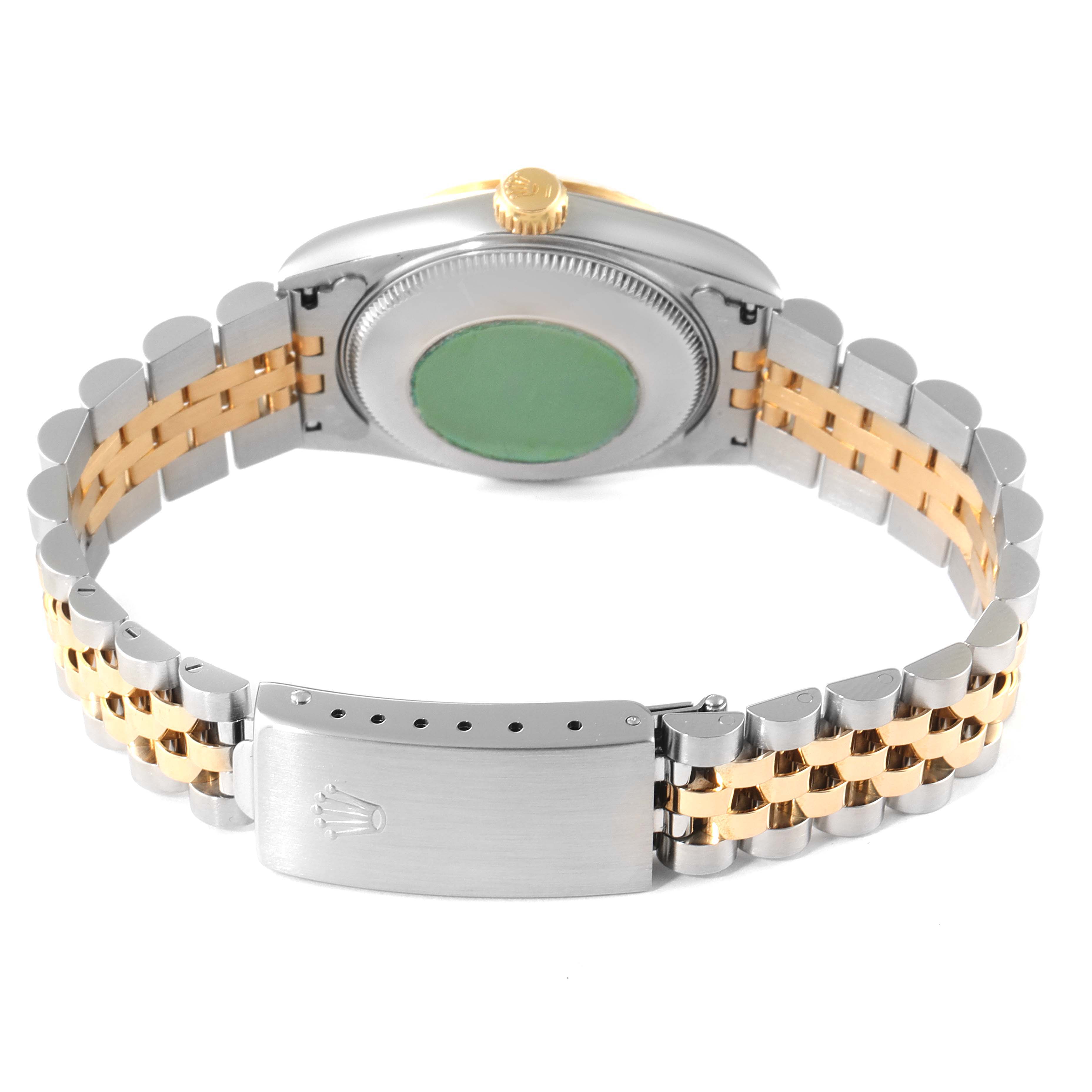 The image shows the back view of a Mid-Size Rolex watch, including the case back and bi-metal bracelet.