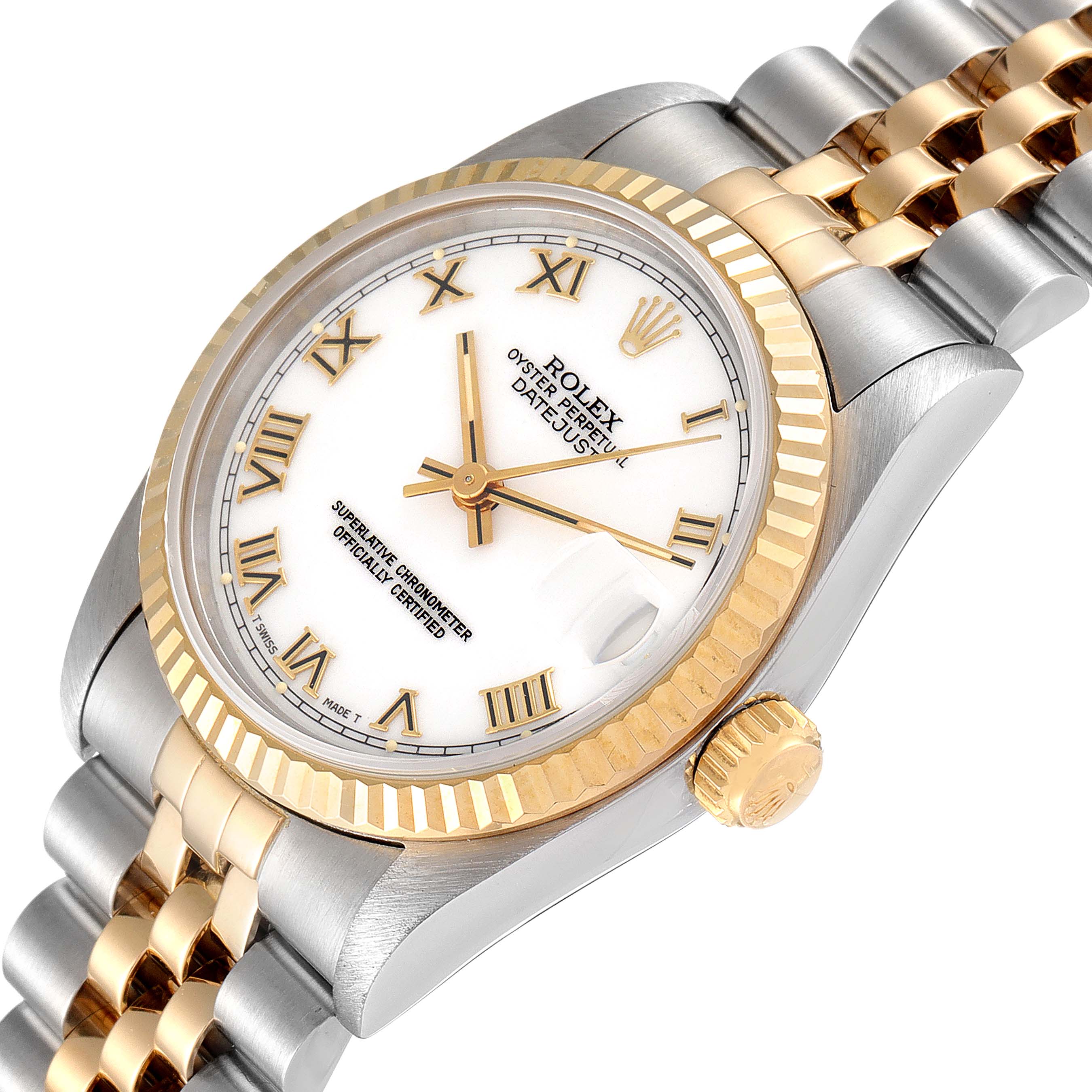 The image shows a Rolex Mid-Size 68273 Women
s Steel and Gold (two tone) White Dial 68273 Women
s Steel and Gold (two tone) White Dial Datejust watch from an angled top-down perspective, highlighting its dial, bezel, crown, and bracelet.
