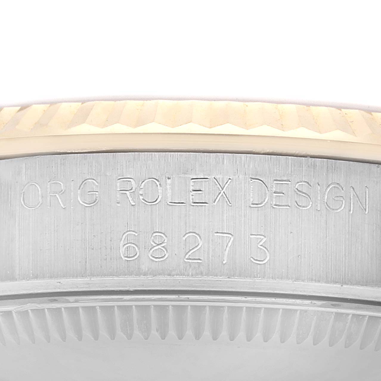 This image shows a close-up of the case side and bezel of a Mid-Size Rolex watch, displaying the model number 68273.