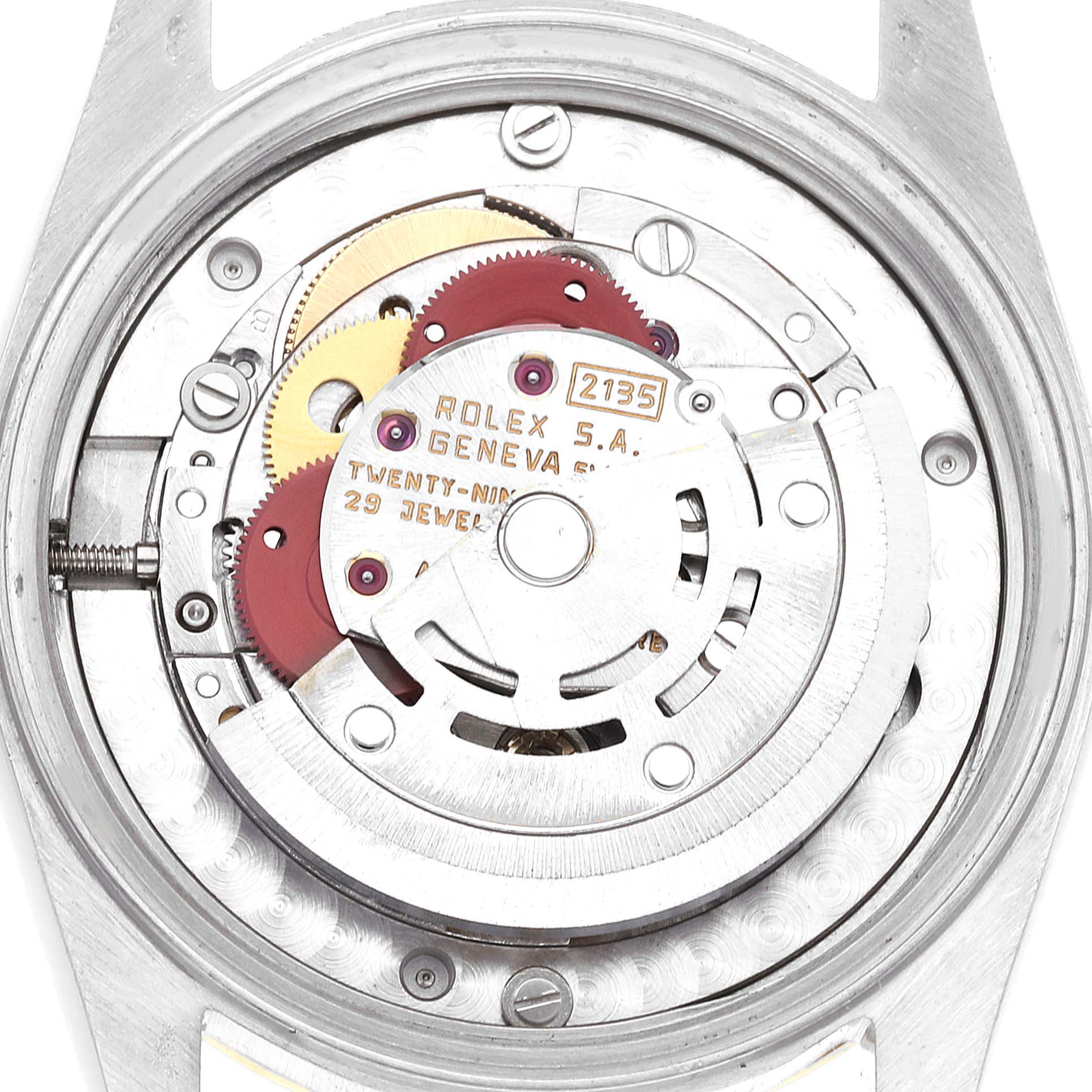 This image shows the internal mechanism of a Rolex Mid-Size 68273 Women's Steel and Gold (two tone) Champagne Dial 68273 Women's Steel and Gold (two tone) Champagne Dial model watch, highlighting gears and the jewel movement.