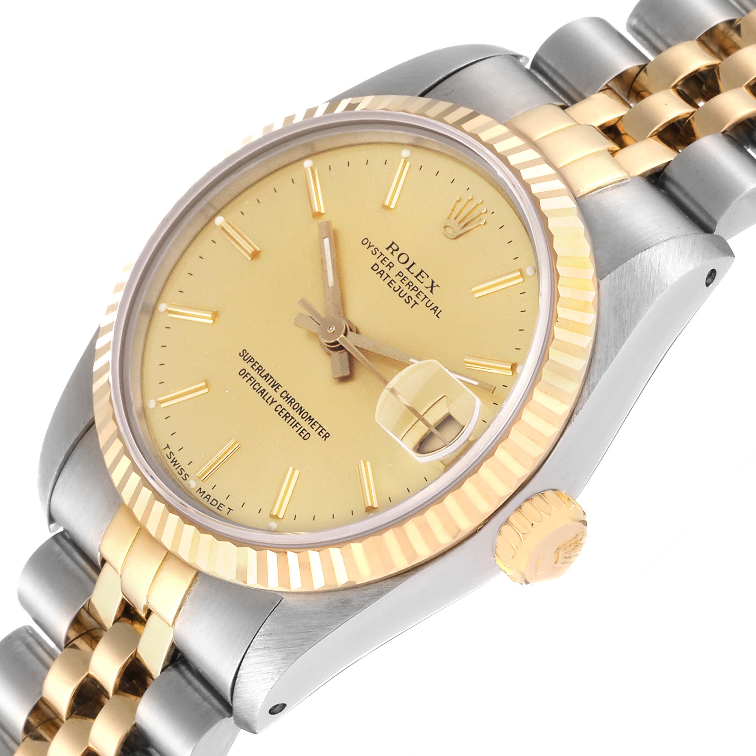 This image shows a Rolex Mid-Size 68273 Women's Steel and Gold (two tone) Champagne Dial 68273 Women's Steel and Gold (two tone) Champagne Dial Oyster Perpetual Datejust watch at an angled close-up, highlighting its bezel, dial, bracelet, and crown.
