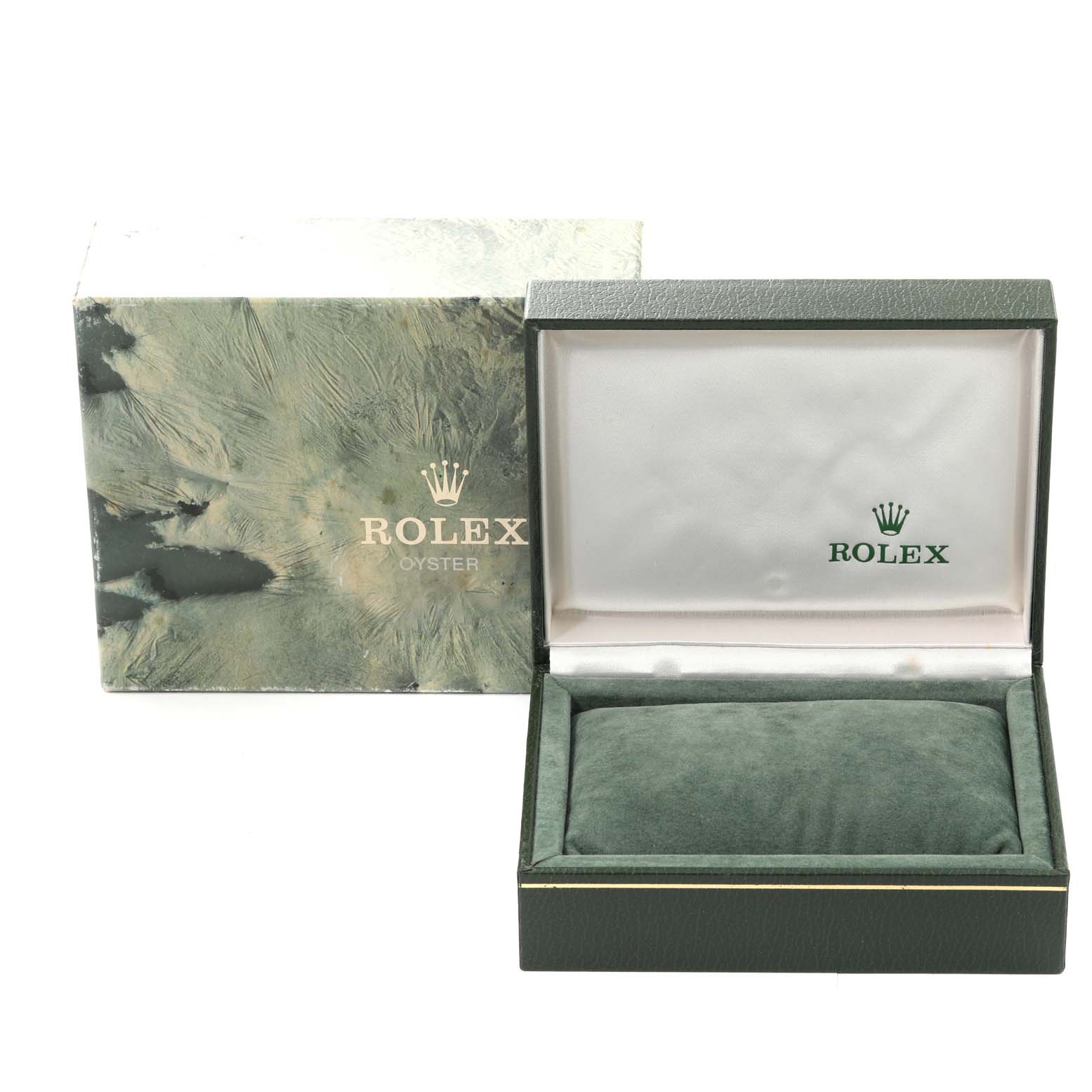 The image shows a Rolex Mid-Size 68273 Women's Steel and Gold (two tone) Champagne Dial 68273 Women's Steel and Gold (two tone) Champagne Dial Oyster watch box with the box cover removed and displayed beside it.