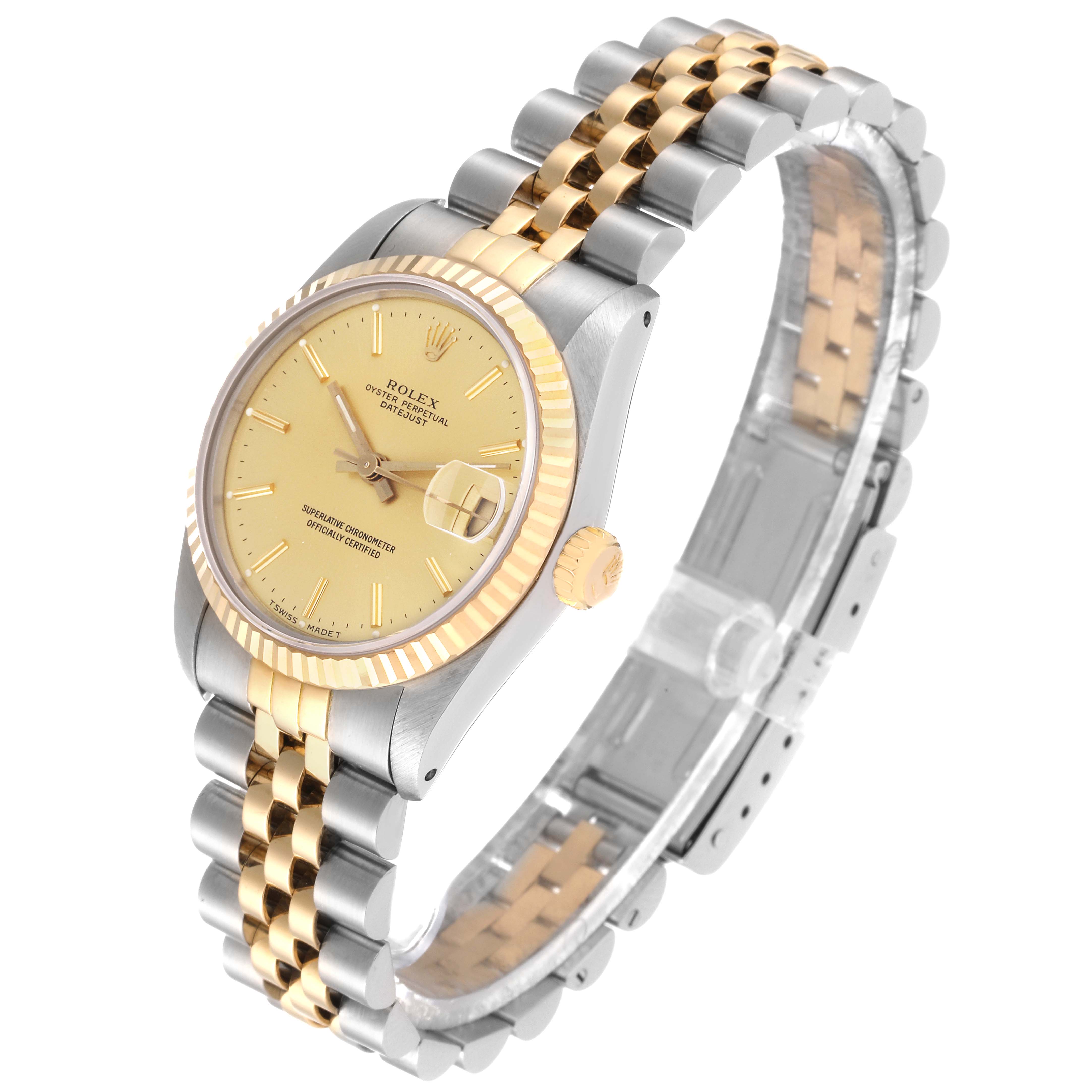 The Rolex Mid-Size 68273 Women's Steel and Gold (two tone) Champagne Dial 68273 Women's Steel and Gold (two tone) Champagne Dial model watch is shown at a slight angle, highlighting its gold and silver bracelet, fluted bezel, and champagne dial.