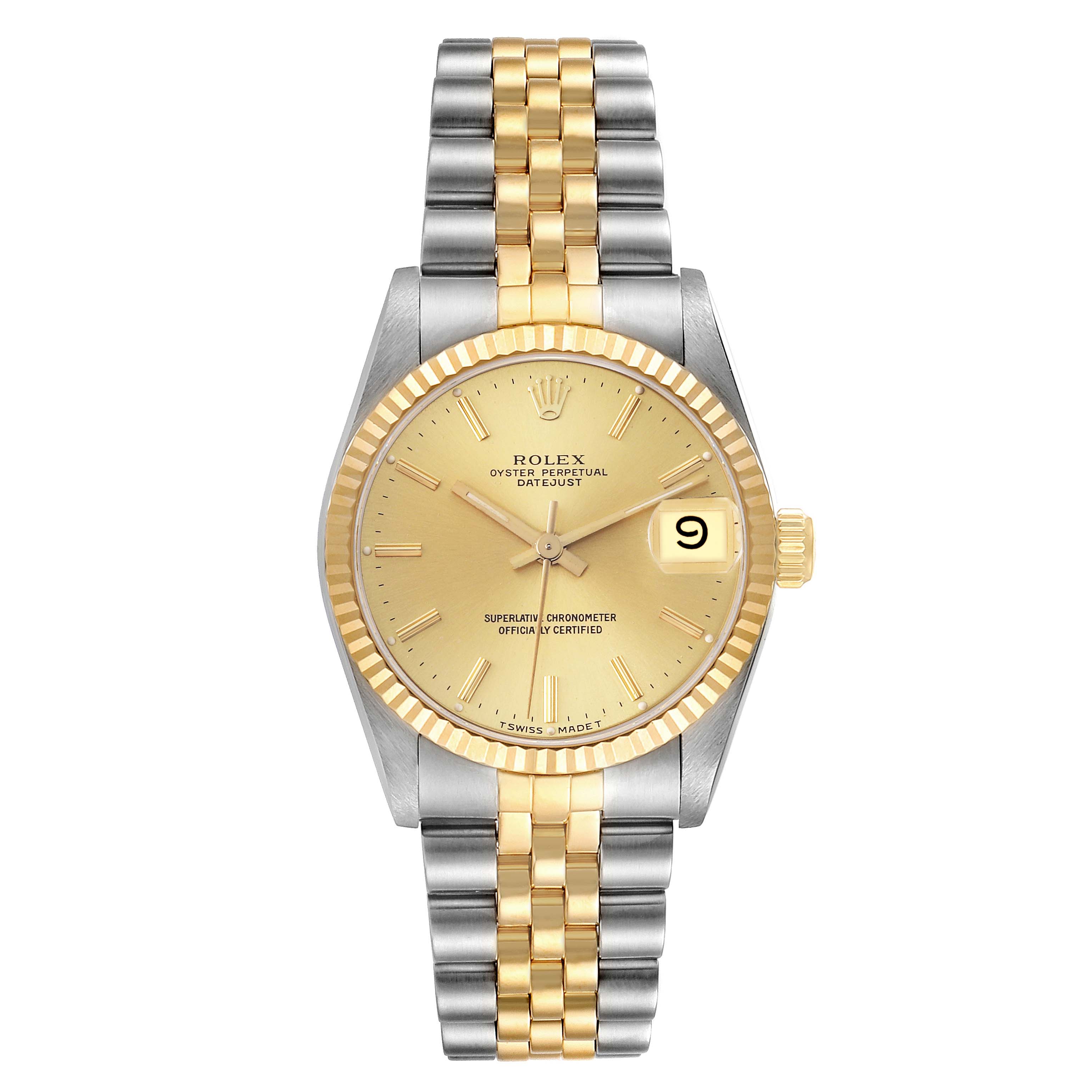 The image shows the front view of a Rolex Datejust Mid-Size watch with a two-tone bracelet and gold bezel.