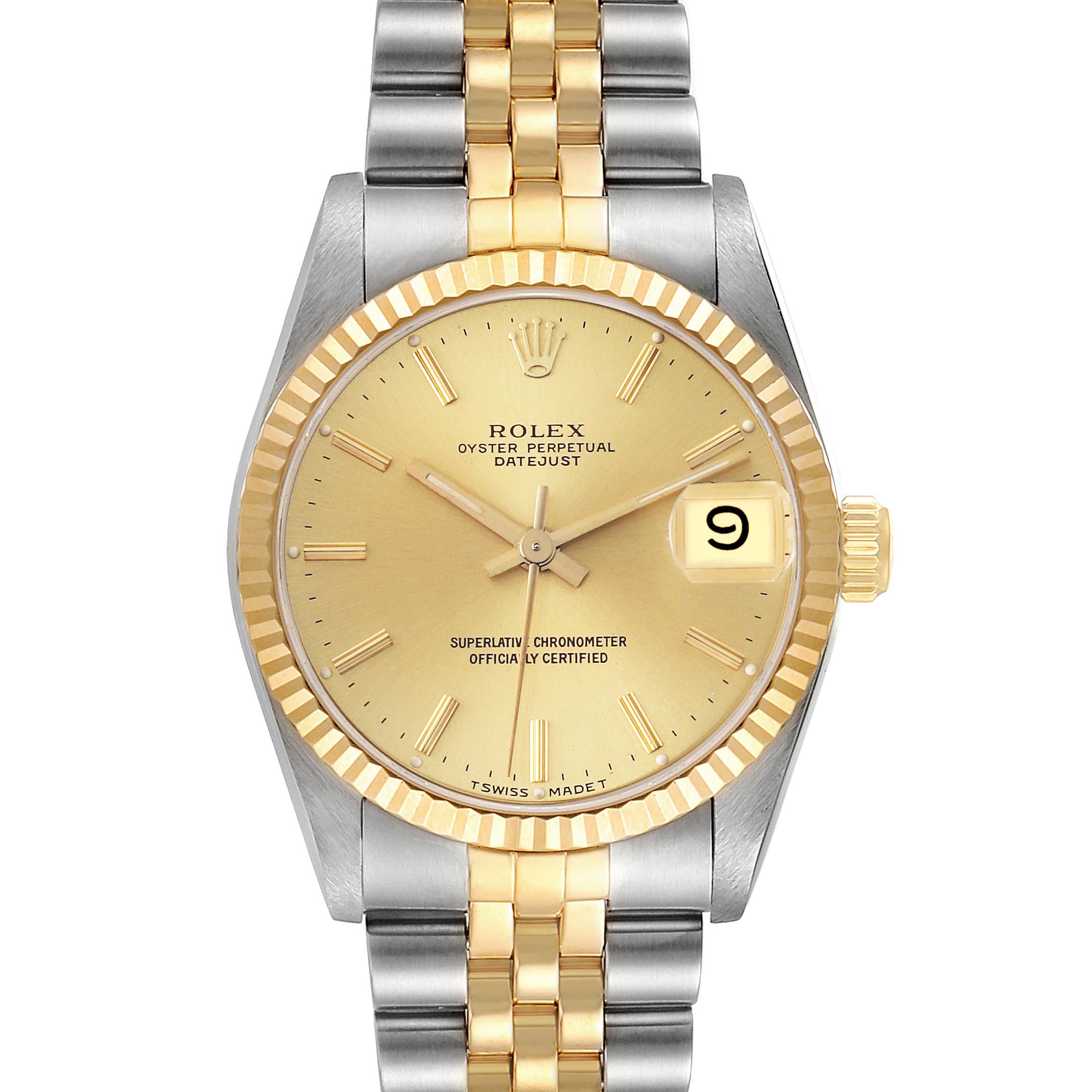 This is a front-facing angle of a Rolex Mid-Size 68273 Women's Steel and Gold (two tone) Champagne Dial 68273 Women's Steel and Gold (two tone) Champagne Dial Oyster Perpetual Datejust watch, showing the face, dial, bezel, crown, and bracelet.