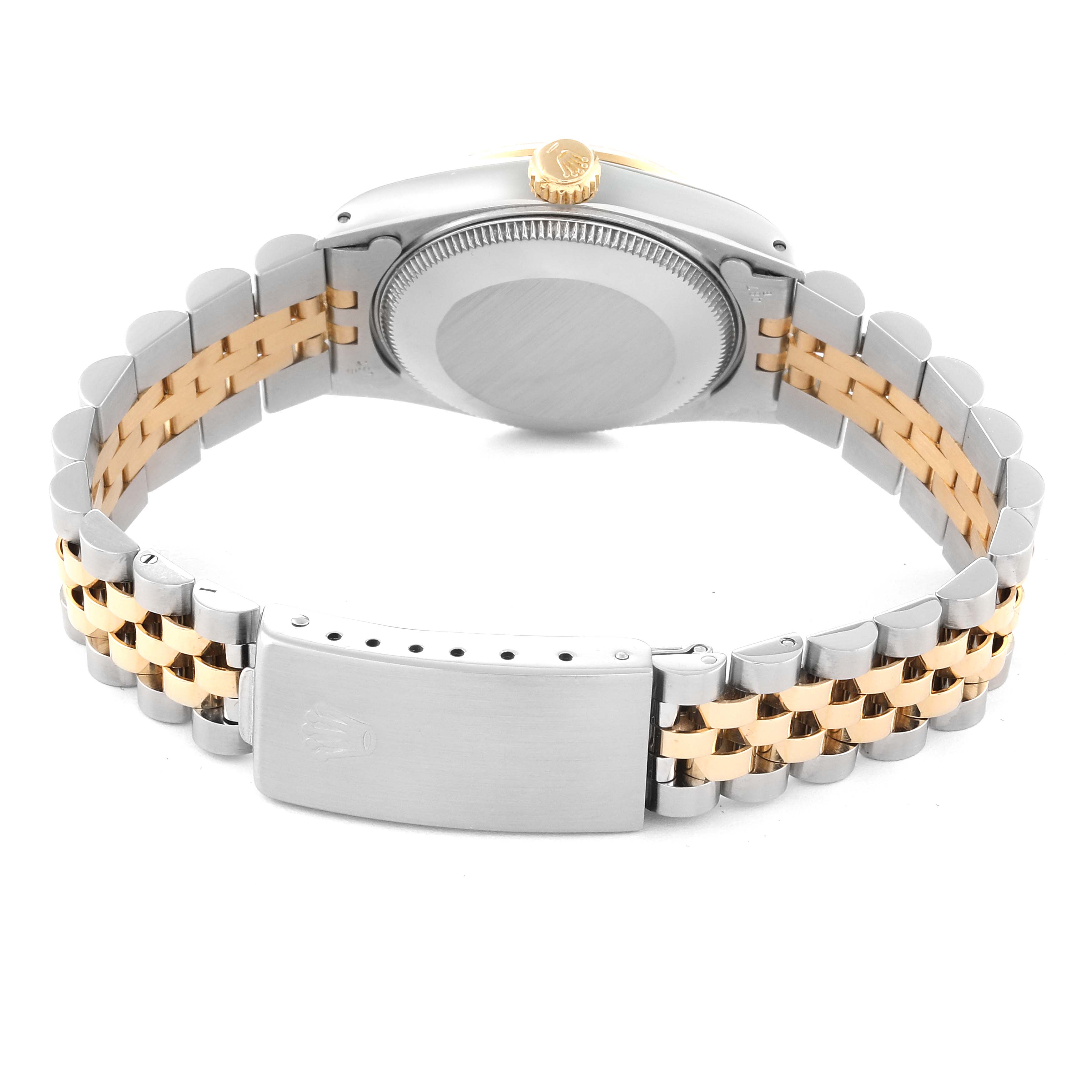 This image shows the back view of a Rolex Mid-Size 68273 Women's Steel and Gold (two tone) Champagne Dial 68273 Women's Steel and Gold (two tone) Champagne Dial watch, focusing on the clasp, bracelet, case back, and crown.