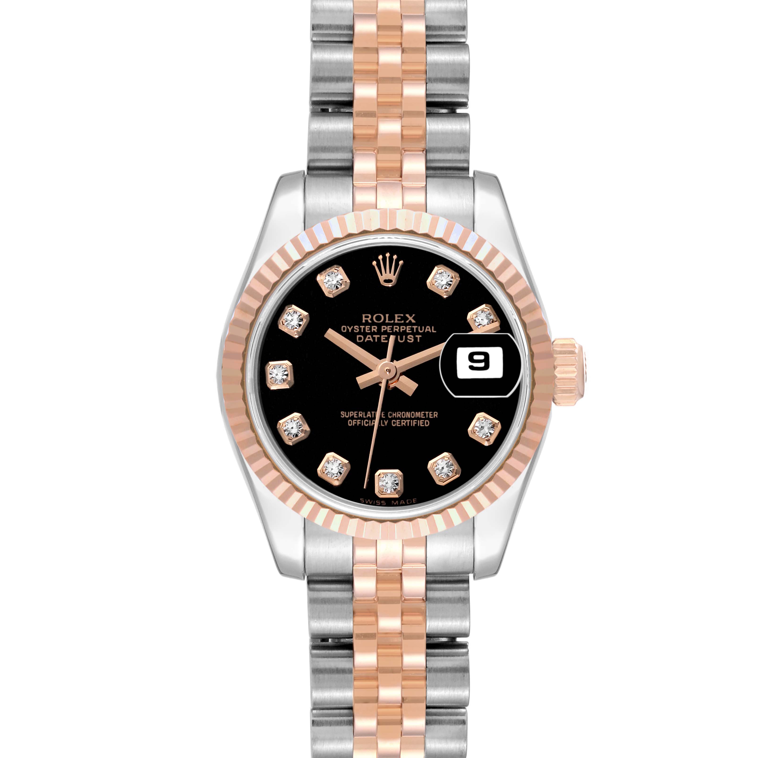 The image shows a Rolex Datejust 179171 Women's Steel and Gold (two tone) Black Dial 179171 Women's Steel and Gold (two tone) Black Dial watch with a black dial, diamond hour markers, and a two-tone metal bracelet from a front angle.