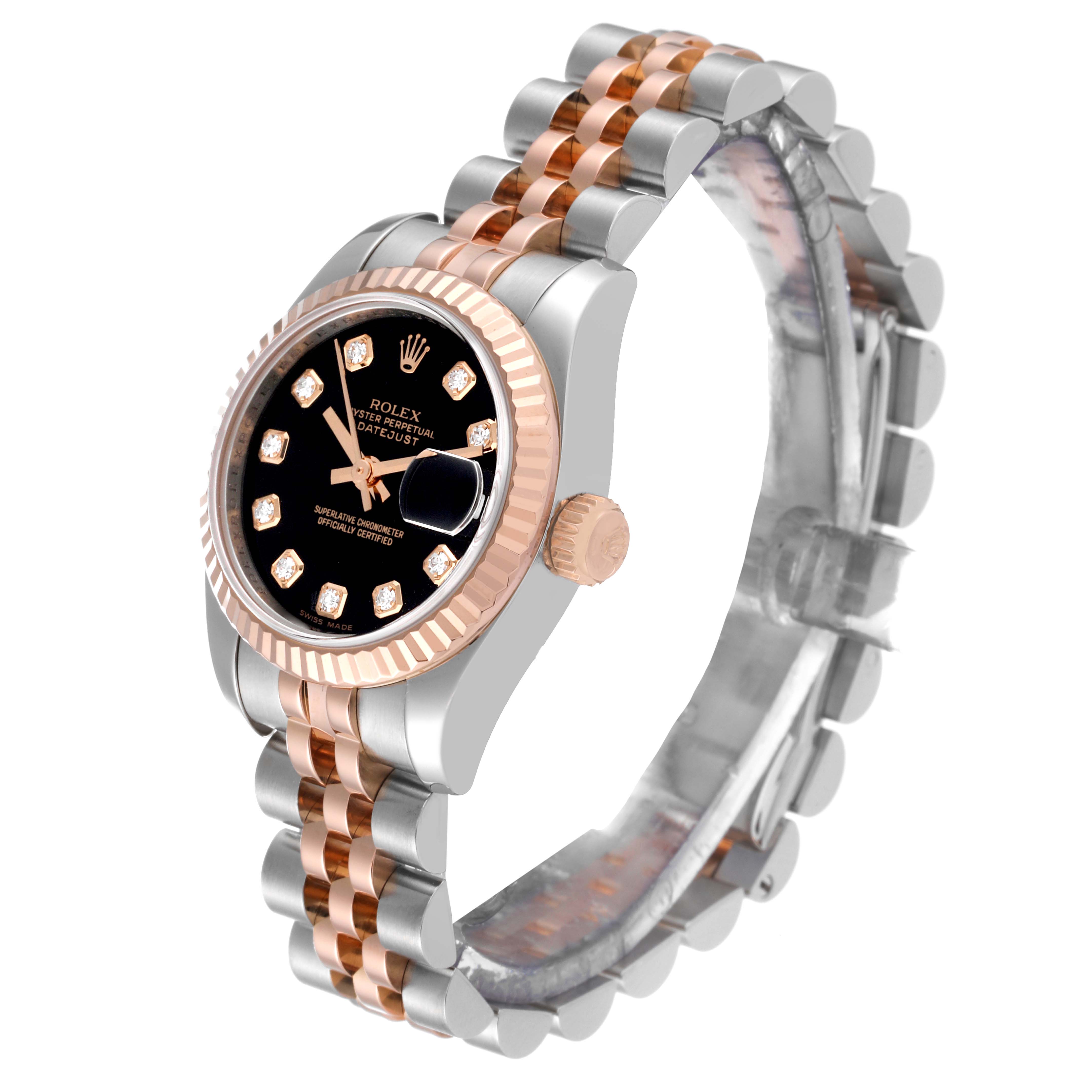 A Rolex Datejust 179171 Women's Steel and Gold (two tone) Black Dial 179171 Women's Steel and Gold (two tone) Black Dial watch is shown at a slight angle, highlighting its bezel, dial, crown, and two-tone bracelet.