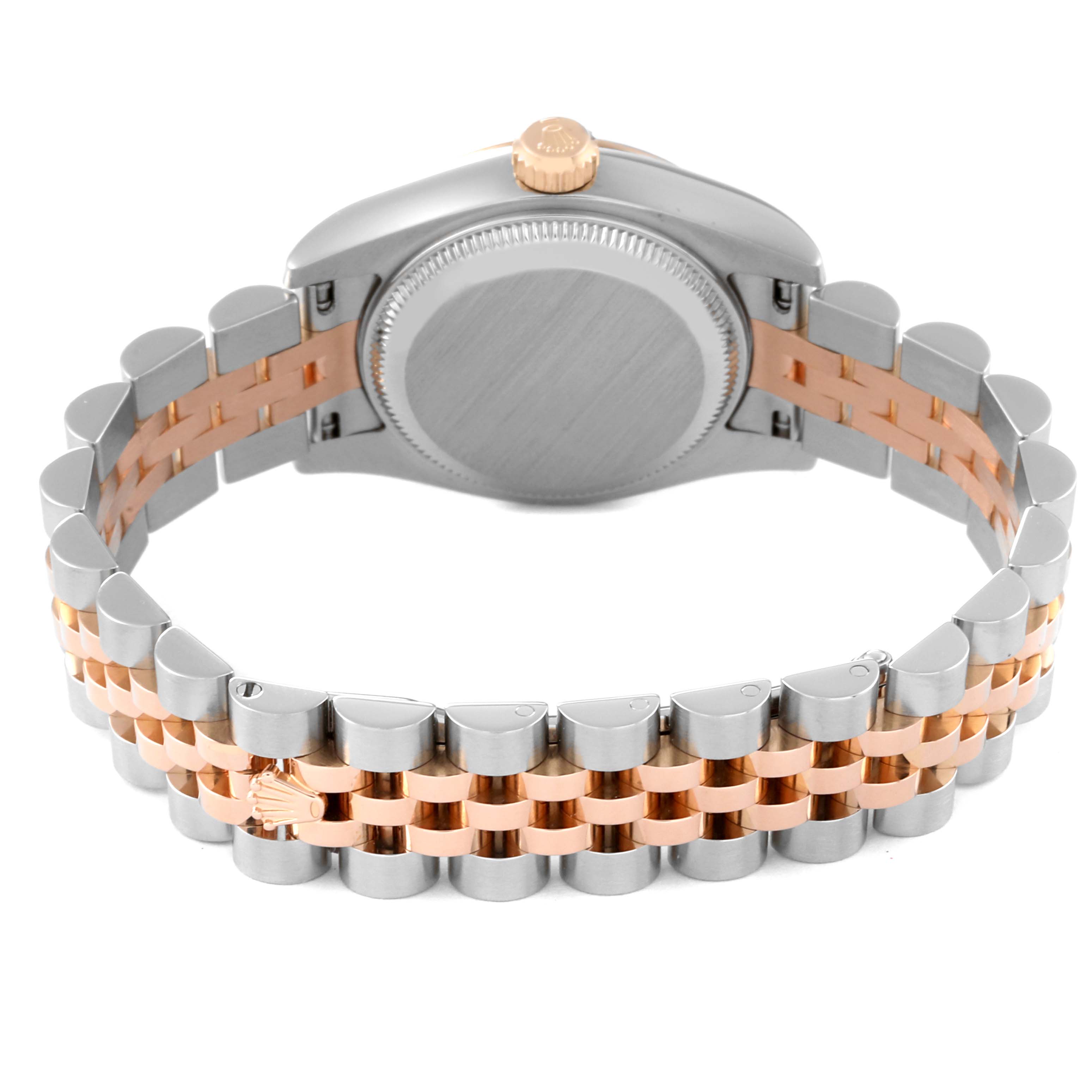 This image shows the back and bracelet of a Rolex Datejust 179171 Women's Steel and Gold (two tone) Black Dial 179171 Women's Steel and Gold (two tone) Black Dial watch, highlighting its two-tone metal band and case.