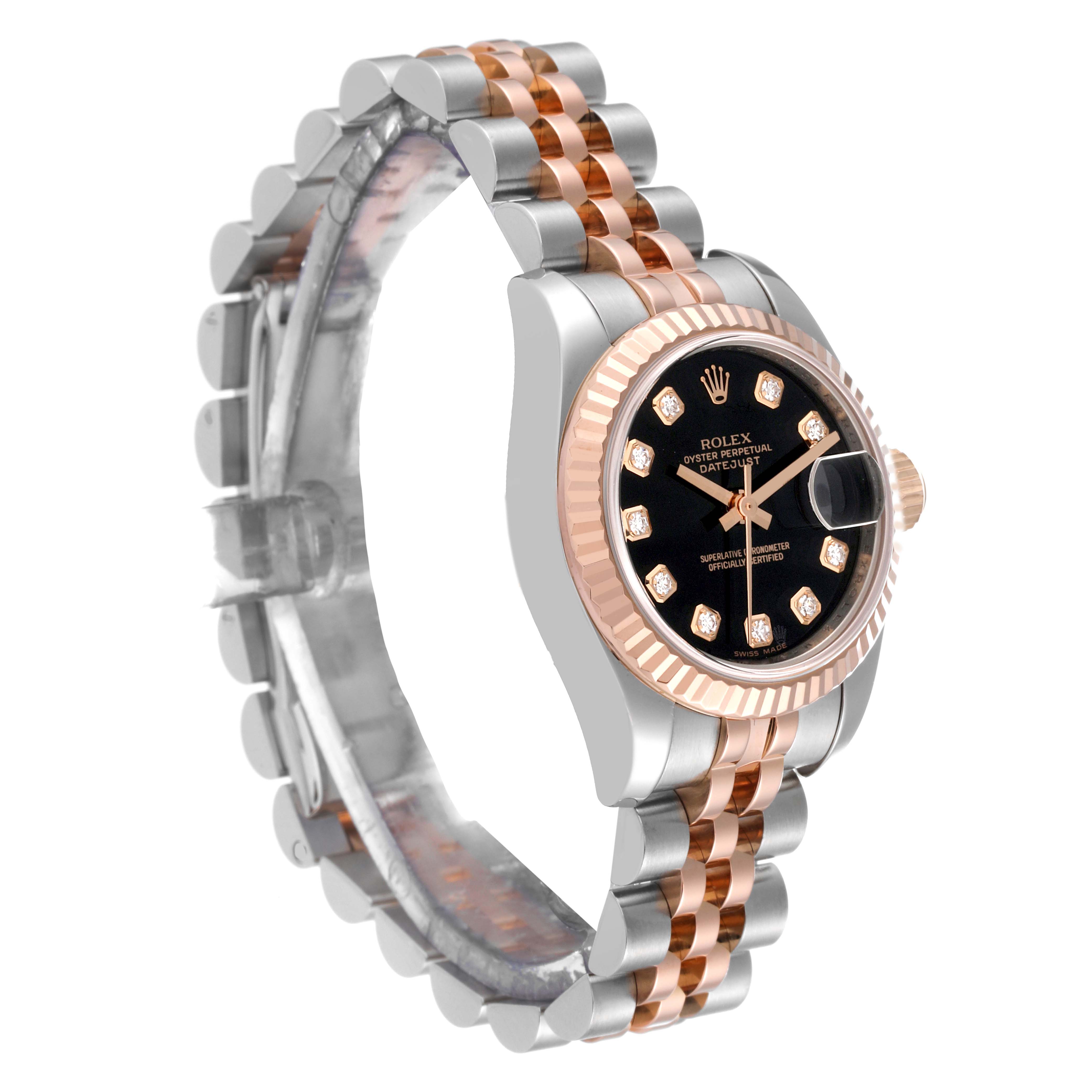 The image shows a side angle of a Rolex Datejust 179171 Women's Steel and Gold (two tone) Black Dial 179171 Women's Steel and Gold (two tone) Black Dial model, highlighting the bezel, case, bracelet, and watch face.