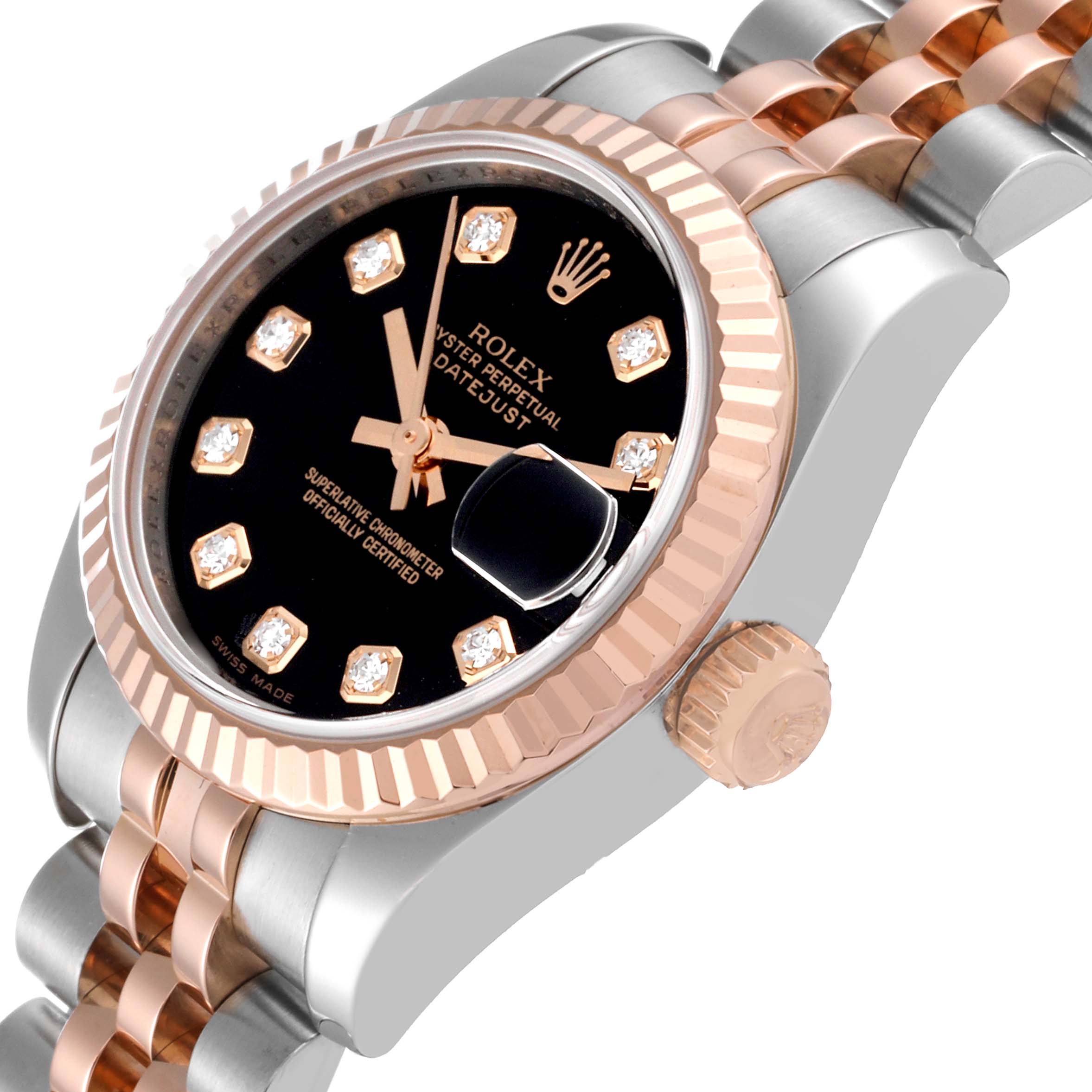 A close-up view of the Rolex Datejust 179171 Women's Steel and Gold (two tone) Black Dial 179171 Women's Steel and Gold (two tone) Black Dial watch showing the dial, bezel, crown, and part of the bracelet.