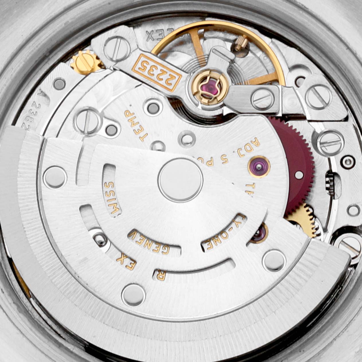 This is a close-up view of the movement mechanism of a Rolex Datejust 179171 Women's Steel and Gold (two tone) Black Dial 179171 Women's Steel and Gold (two tone) Black Dial watch.