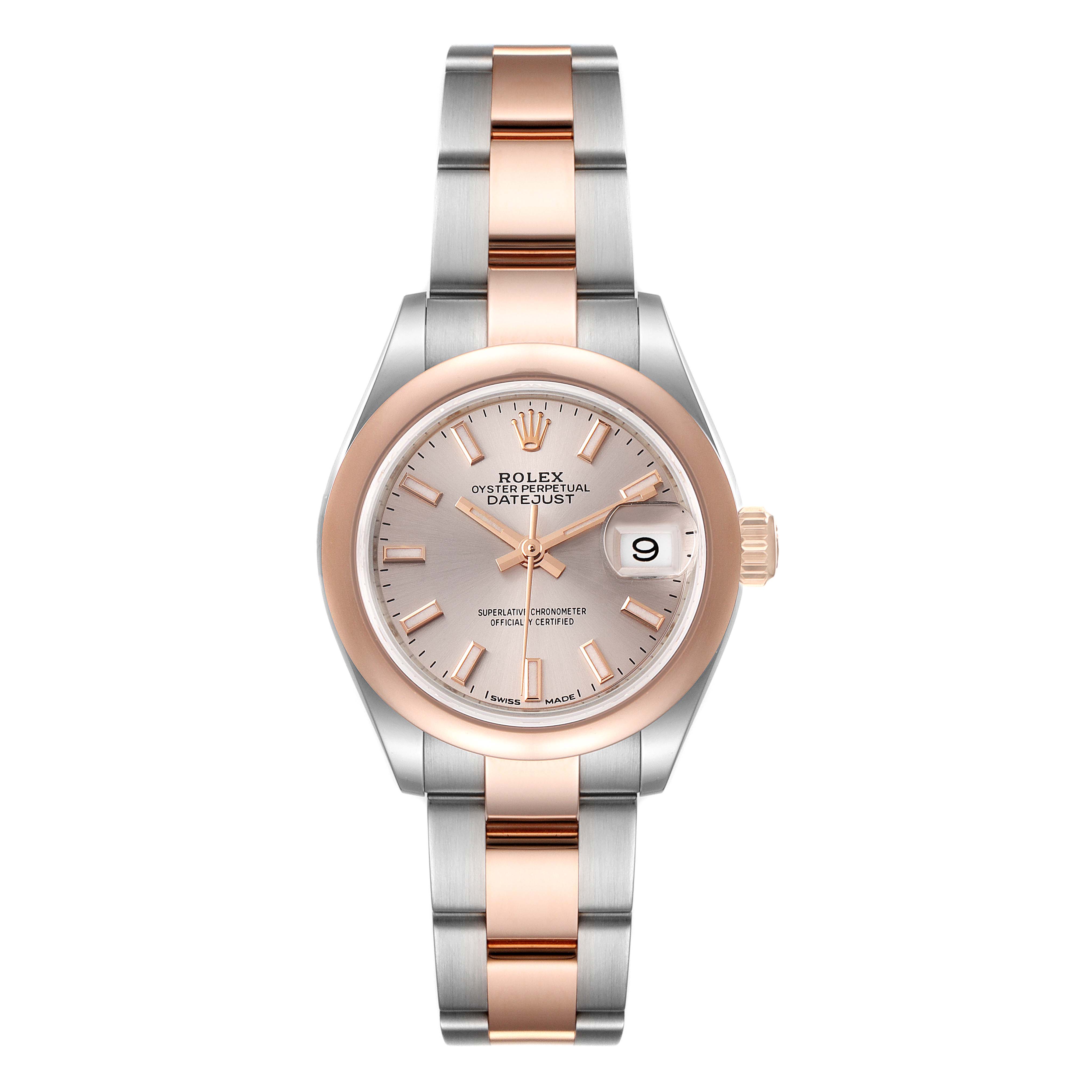 This image shows a front view of a Rolex Datejust 279161 Women's Steel and Gold (two tone) Pink Dial 279161 Women's Steel and Gold (two tone) Pink Dial watch, highlighting the dial, bezel, and bracelet.