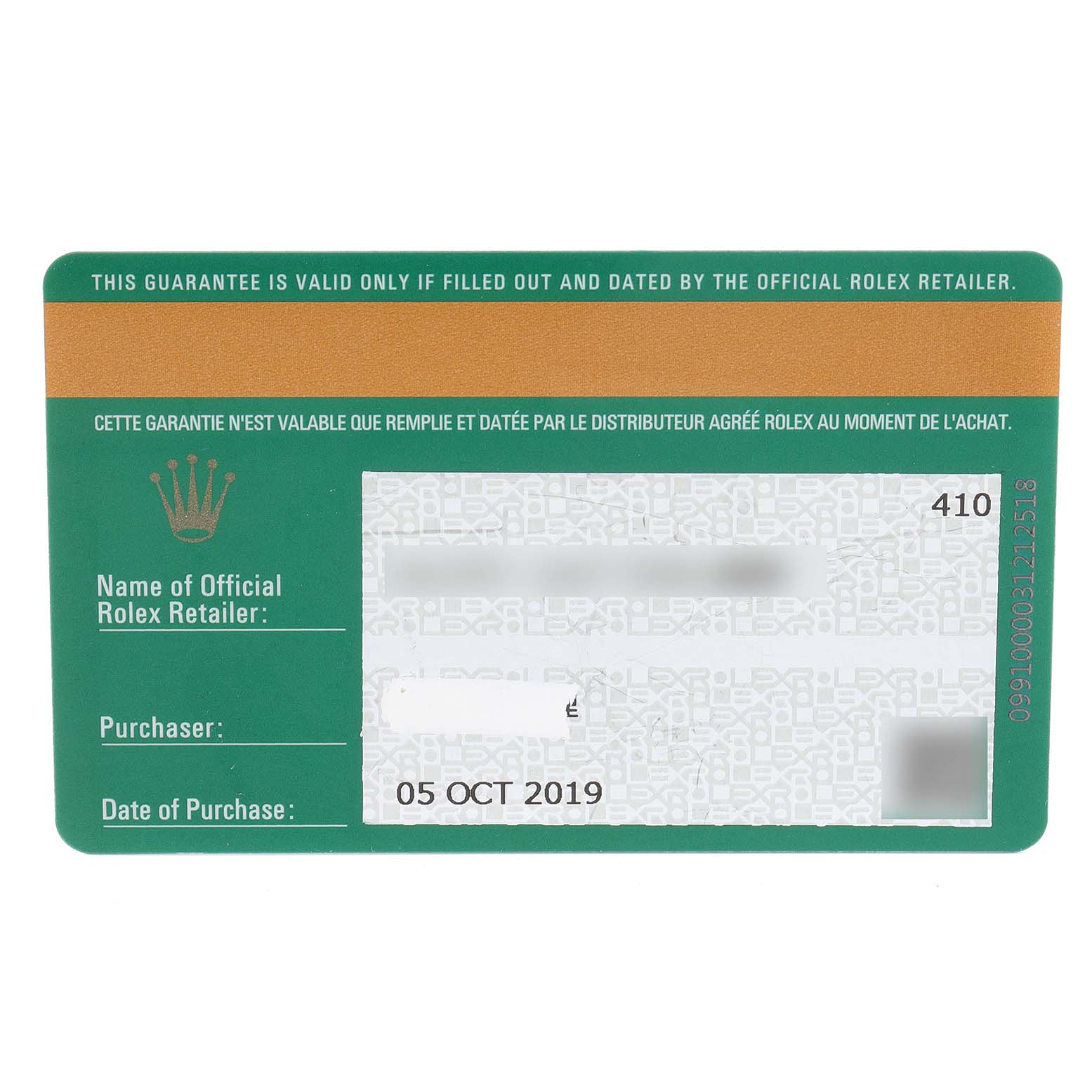 This is the warranty card for a Rolex Datejust 279161 Women's Steel and Gold (two tone) Pink Dial 279161 Women's Steel and Gold (two tone) Pink Dial, showing the purchase date and retailer information.