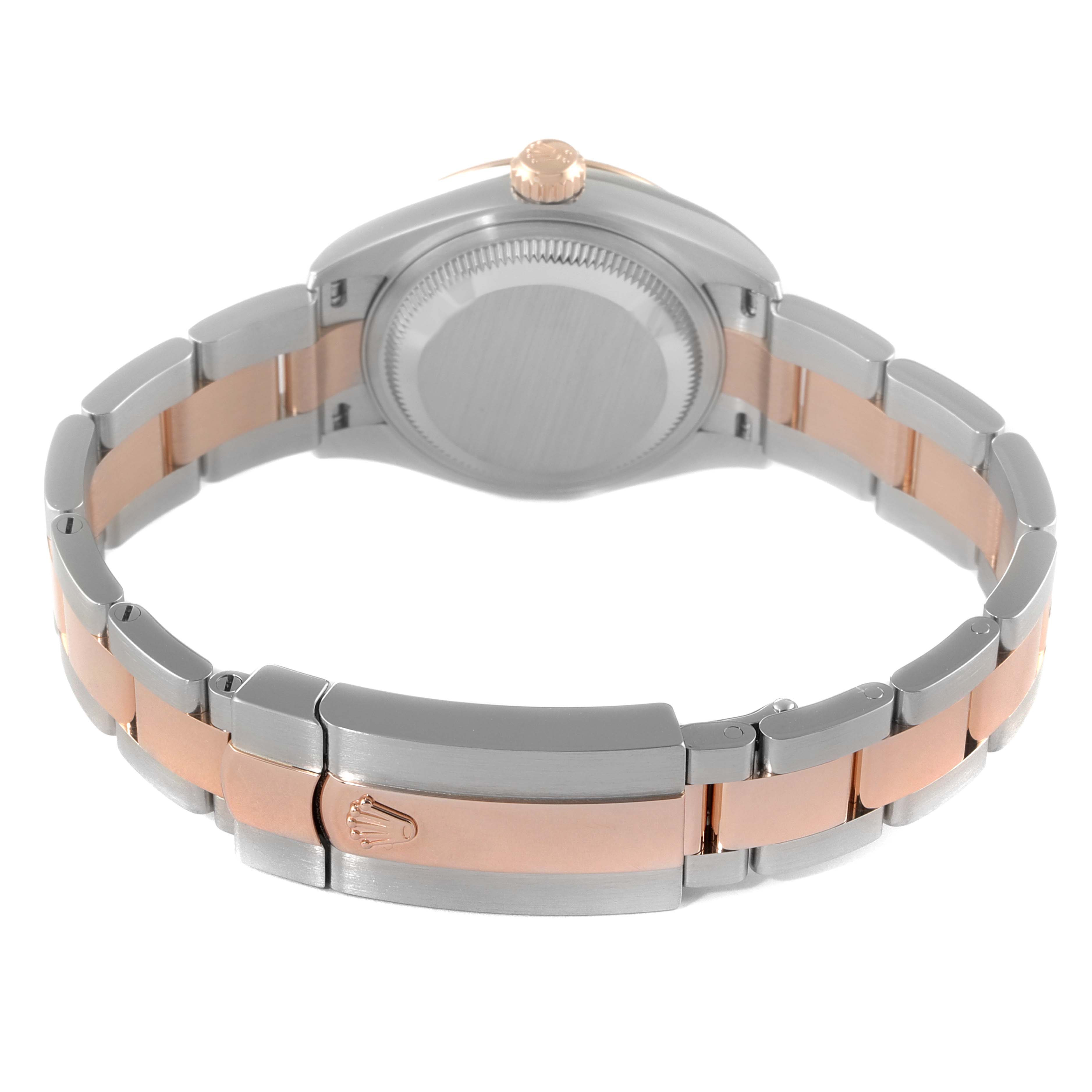The image shows the back and band of a Rolex Datejust 279161 Women's Steel and Gold (two tone) Pink Dial 279161 Women's Steel and Gold (two tone) Pink Dial watch, highlighting the clasp, crown, and two-tone metal links.