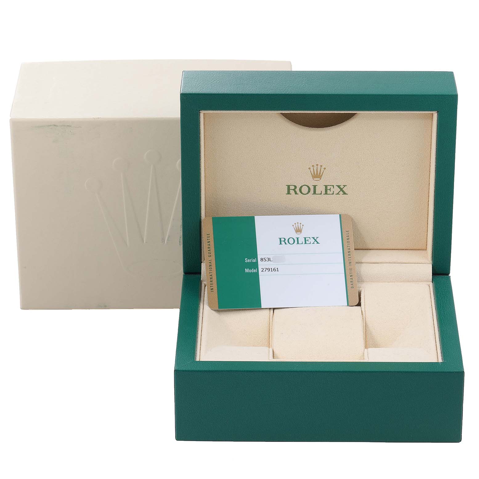 The image shows the open box and authentication card for a Rolex Datejust 279161 Women's Steel and Gold (two tone) Pink Dial 279161 Women's Steel and Gold (two tone) Pink Dial model.
