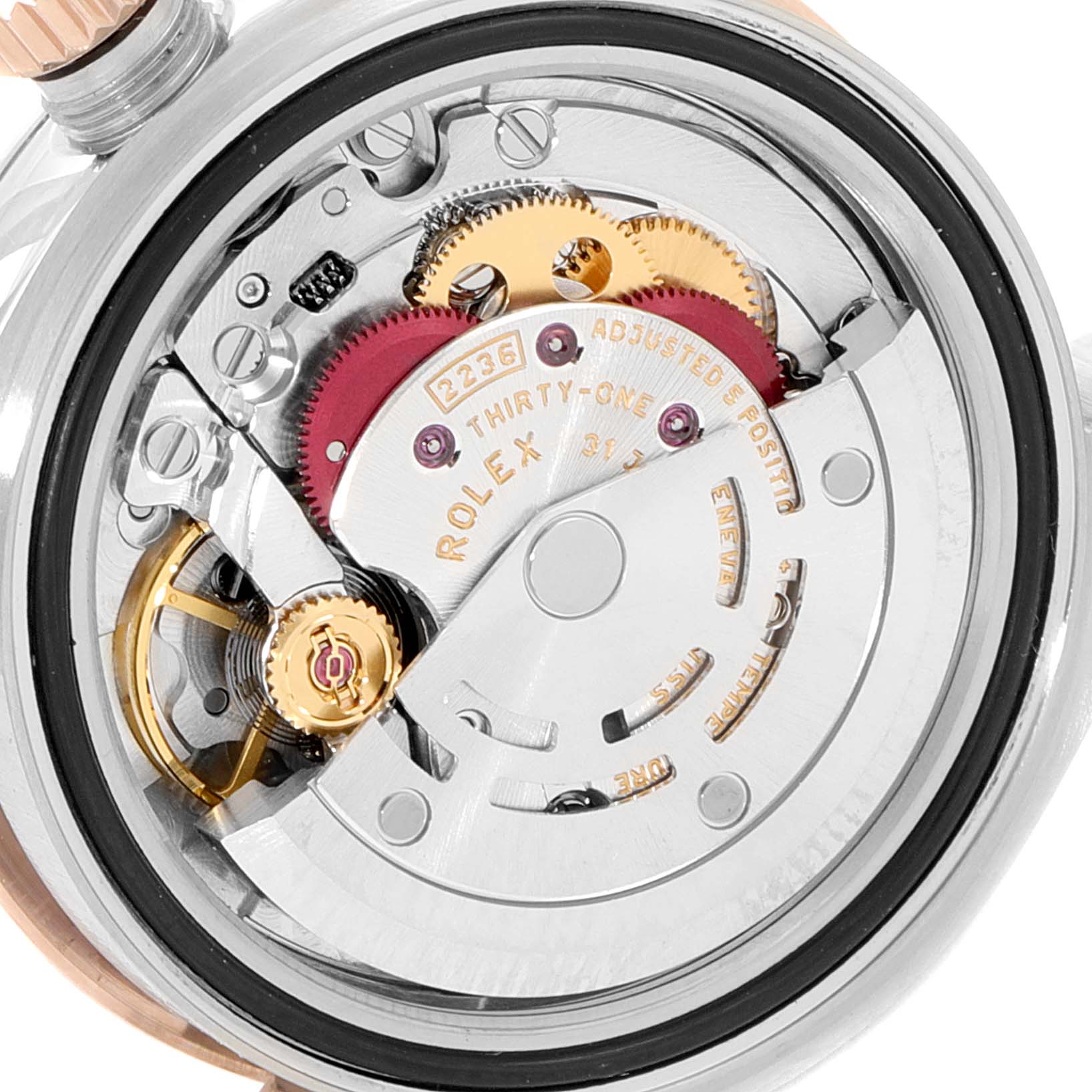 The image shows a close-up of the movement mechanism of a Rolex Datejust 279161 Women's Steel and Gold (two tone) Pink Dial 279161 Women's Steel and Gold (two tone) Pink Dial watch, highlighting gears and components.