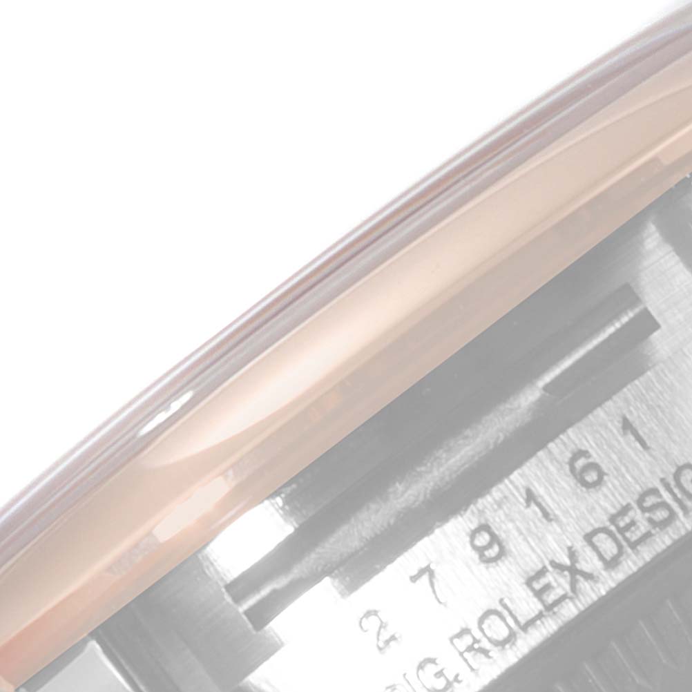 The image shows a close-up angle of the side of a Rolex Datejust 279161 Women's Steel and Gold (two tone) Pink Dial 279161 Women's Steel and Gold (two tone) Pink Dial watch, highlighting the serial number and "ORIG ROLEX DESIGN" text.