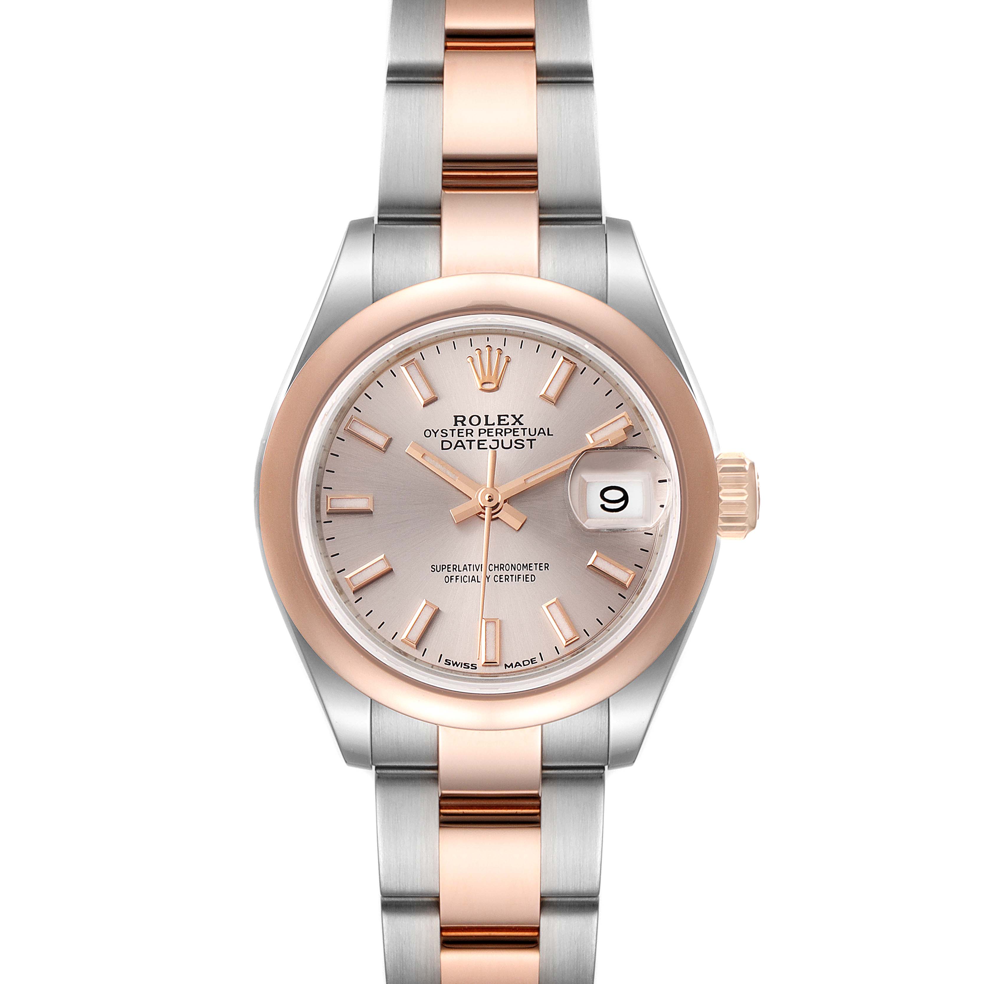 The image shows a front view of the Rolex Datejust 279161 Women's Steel and Gold (two tone) Pink Dial 279161 Women's Steel and Gold (two tone) Pink Dial watch, highlighting its dial, bezel, and bi-metal bracelet.