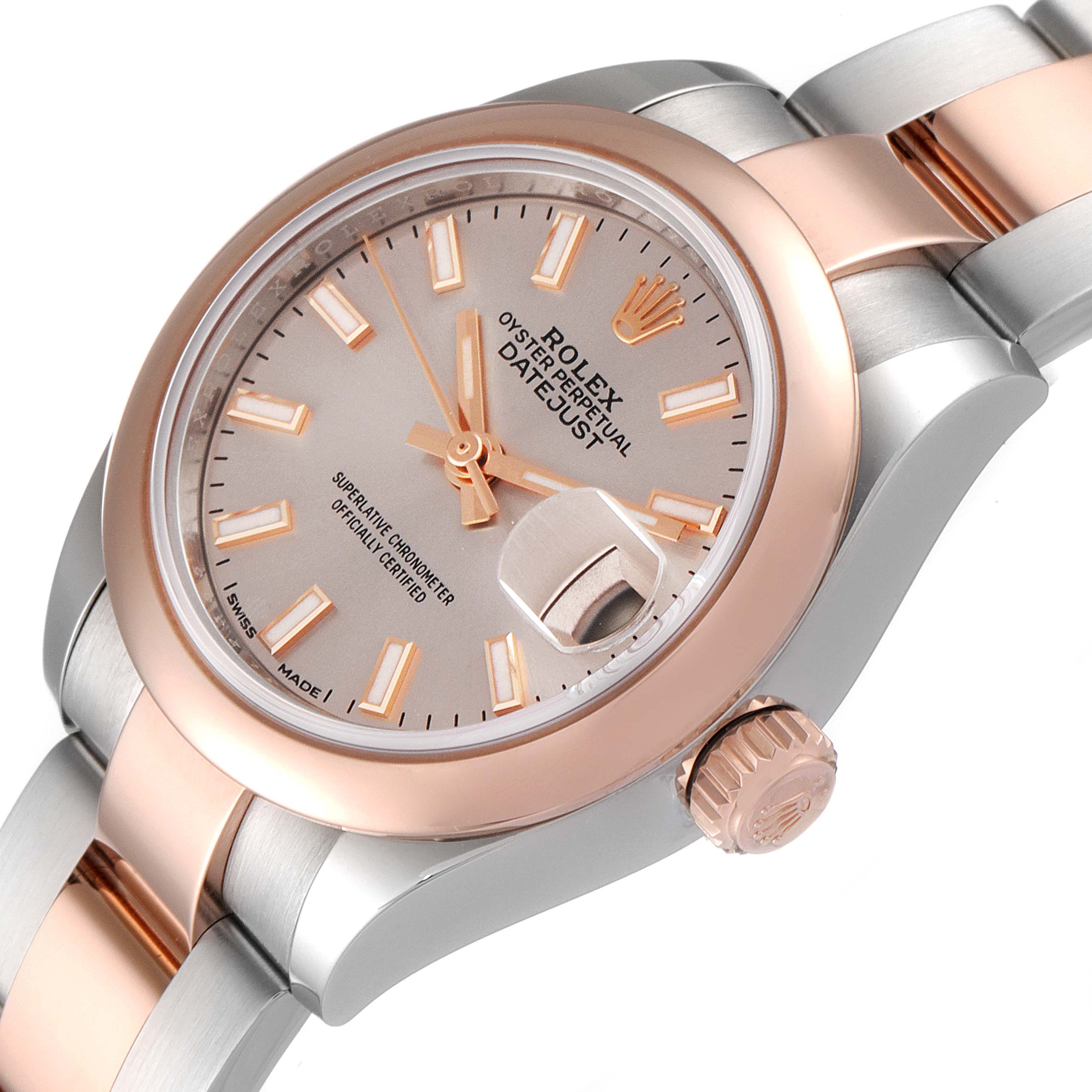 The image shows a close-up of the Rolex Datejust 279161 Women's Steel and Gold (two tone) Pink Dial 279161 Women's Steel and Gold (two tone) Pink Dial watch at an angle, highlighting the dial, crown, and part of the bracelet.