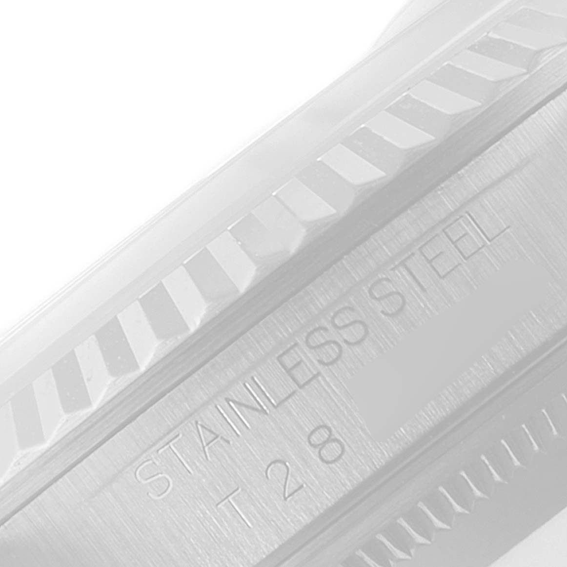 The image shows a close-up of the stainless steel bezel and edge of the case of a Rolex Datejust 16234 Men's Stainless Steel Silver Dial 16234 Men's Stainless Steel Silver Dial watch.