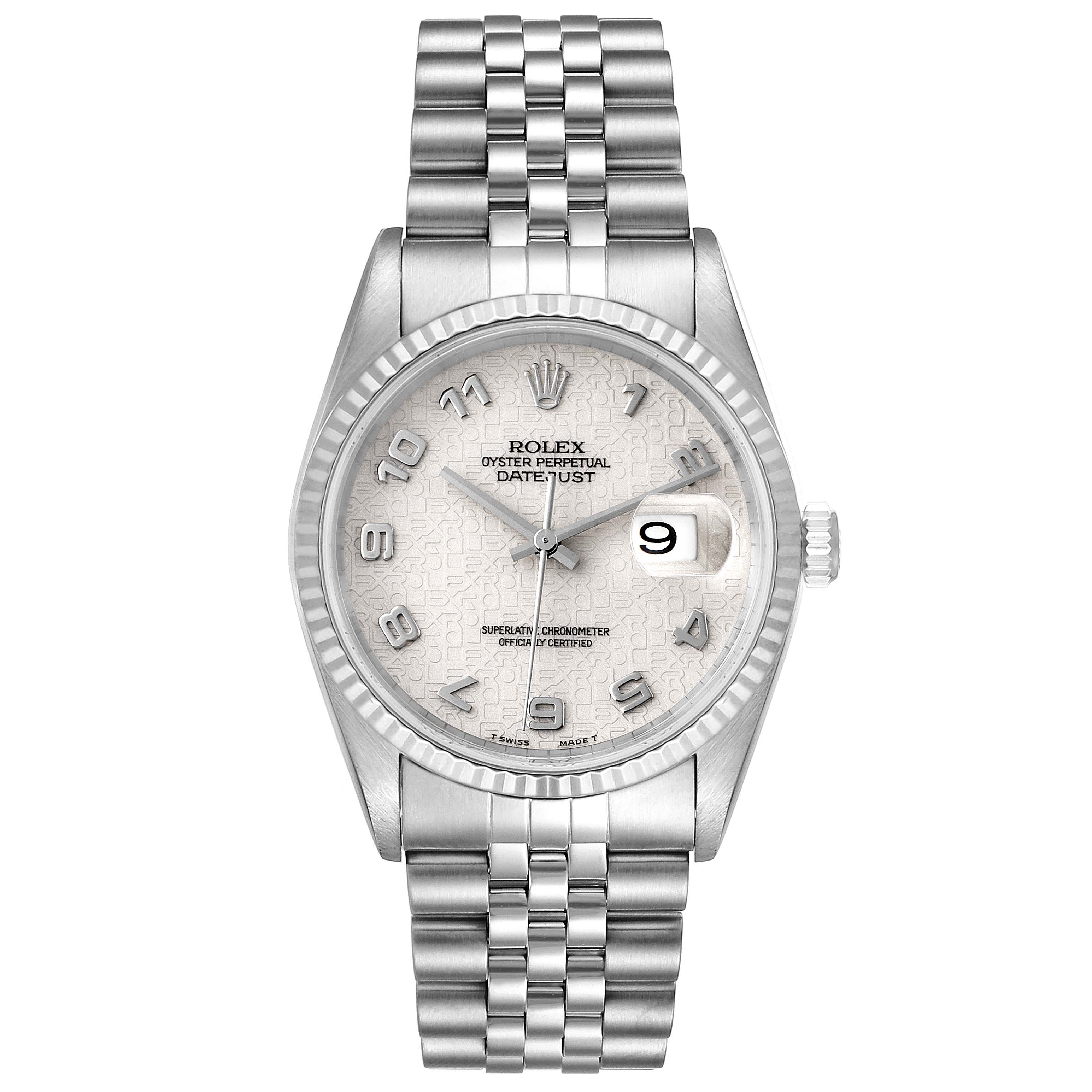 This image shows a frontal view of the Rolex Datejust 16234 Men's Stainless Steel Silver Dial 16234 Men's Stainless Steel Silver Dial watch, highlighting its dial, bracelet, and date function.