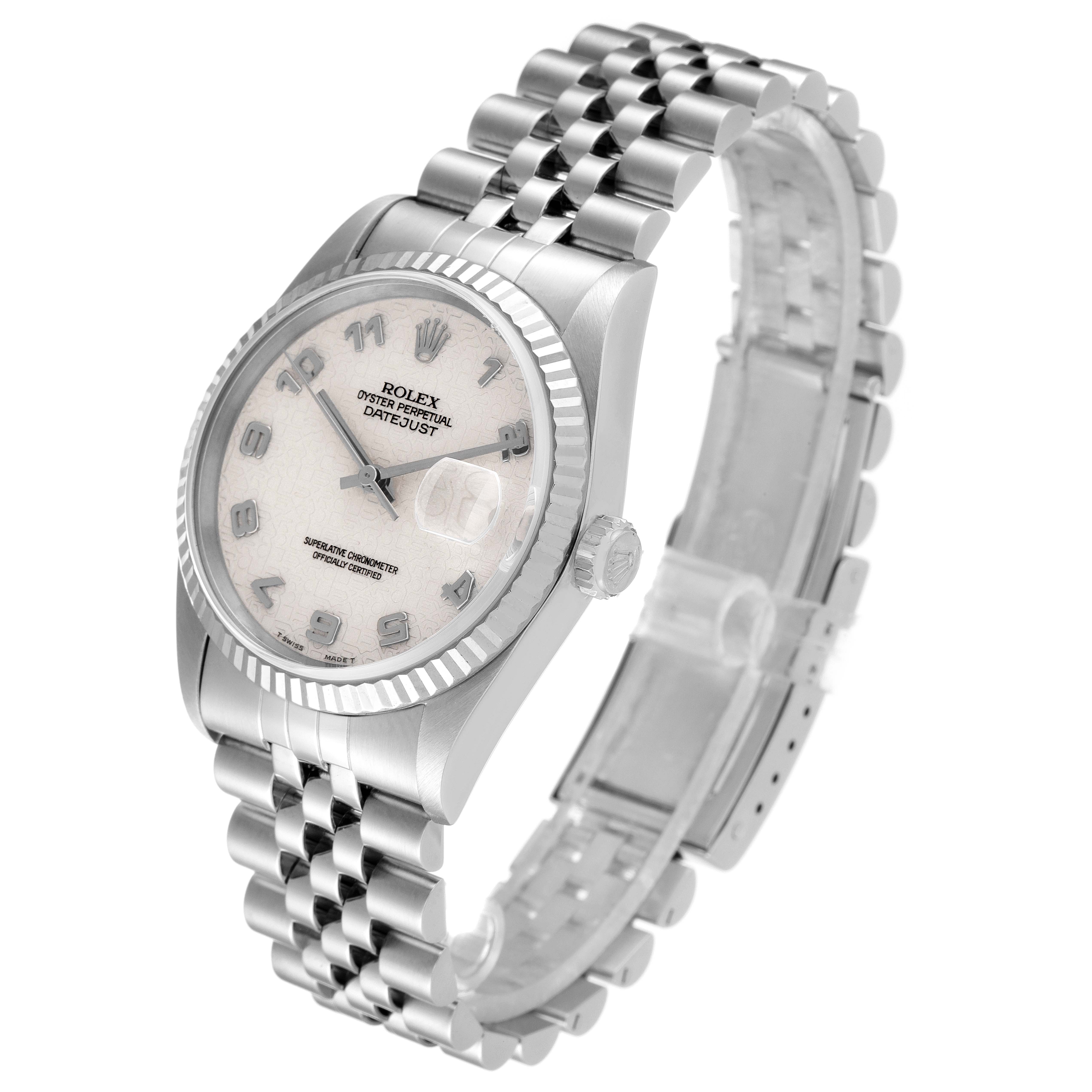 This Rolex Datejust 16234 Men's Stainless Steel Silver Dial 16234 Men's Stainless Steel Silver Dial watch is shown from an angled side view, displaying the face, bezel, and Jubilee bracelet.