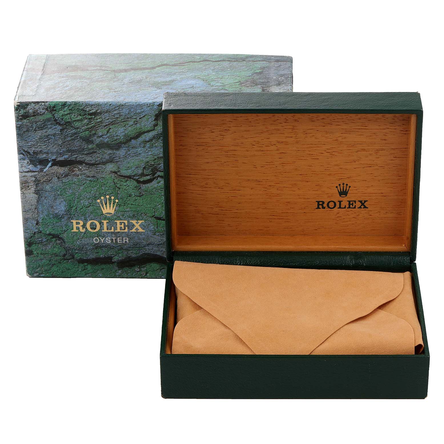 The image shows an open Rolex Datejust 16234 Men's Stainless Steel Silver Dial 16234 Men's Stainless Steel Silver Dial watch box with a green exterior and wooden interior, accompanied by the protective suede pouch.