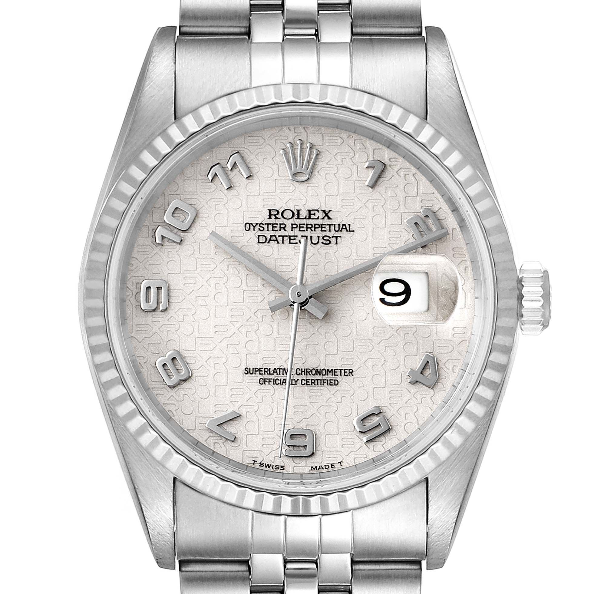 This is a frontal view of a Rolex Datejust 16234 Men's Stainless Steel Silver Dial 16234 Men's Stainless Steel Silver Dial watch showing the dial, bezel, crown, and part of the bracelet.