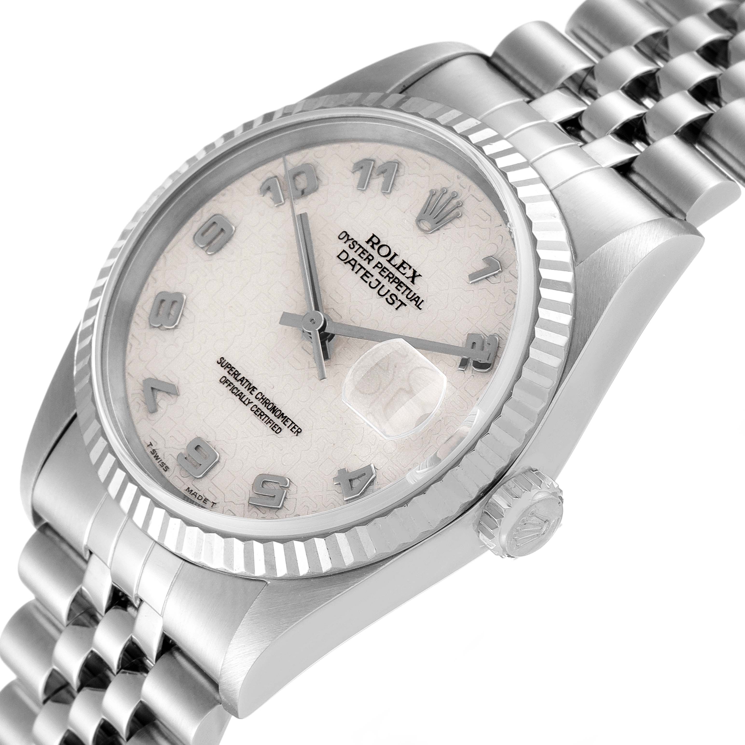 The image shows a Rolex Datejust 16234 Men's Stainless Steel Silver Dial 16234 Men's Stainless Steel Silver Dial watch at an angle, highlighting its face, bezel, and bracelet.