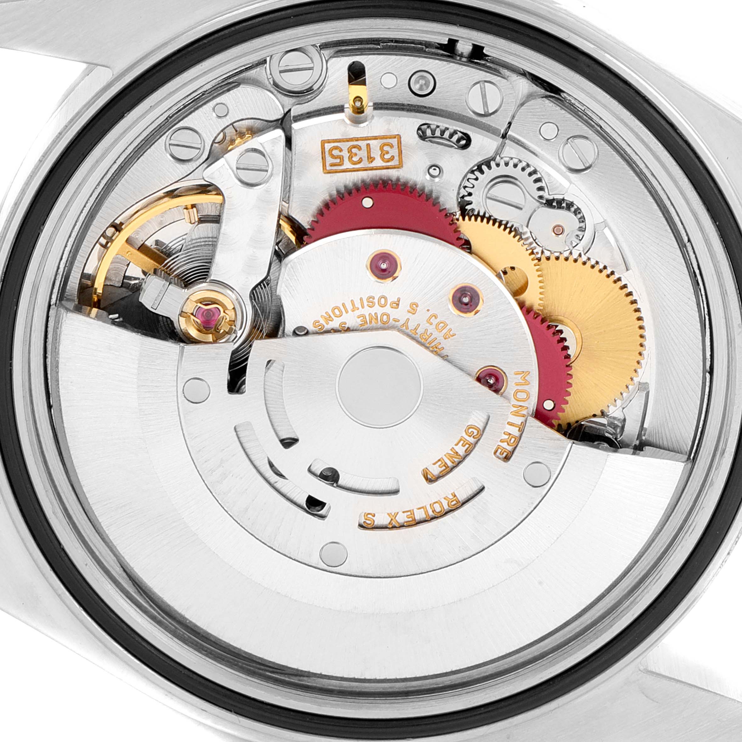 This image shows the internal movement mechanism of a Rolex Datejust 16234 Men's Stainless Steel Silver Dial 16234 Men's Stainless Steel Silver Dial watch from a top-down angle.