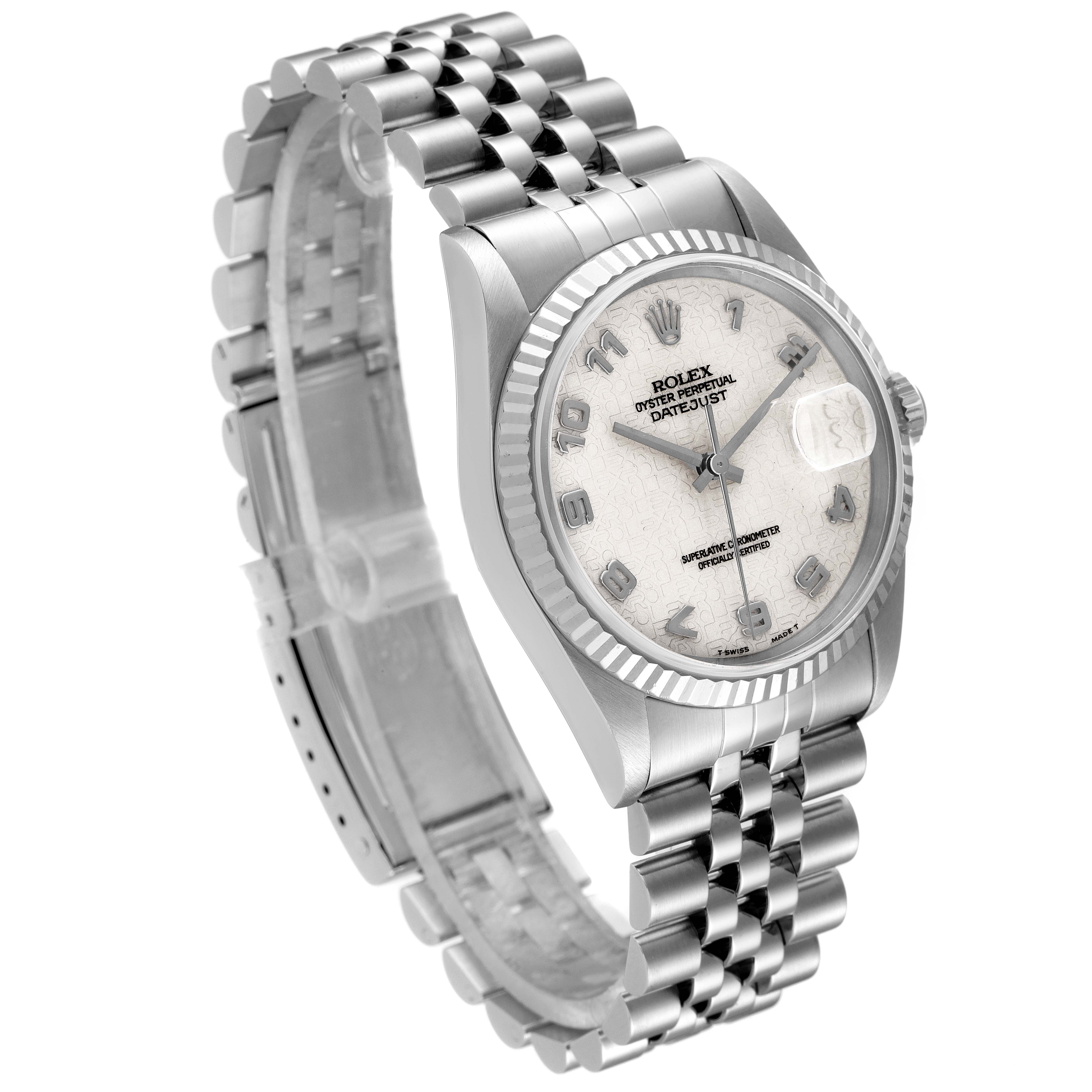 The Rolex Datejust 16234 Men's Stainless Steel Silver Dial 16234 Men's Stainless Steel Silver Dial watch is shown from an angled side view, highlighting the dial, bezel, bracelet, and clasp.