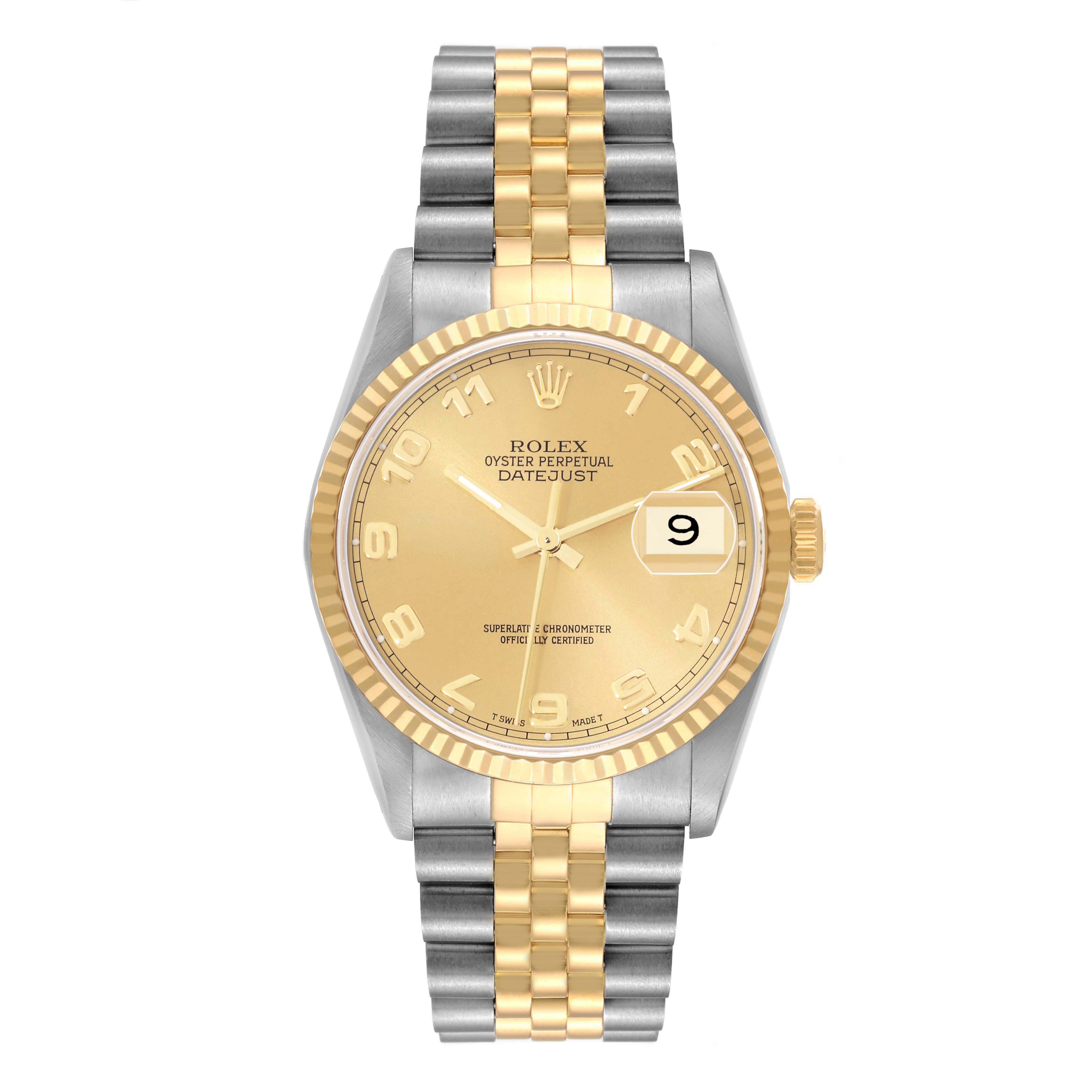 The Rolex Datejust 16233 Men's Steel and Gold (two tone) Champagne Dial watch is shown from a front angle, displaying the dial, bezel, and two-tone bracelet.