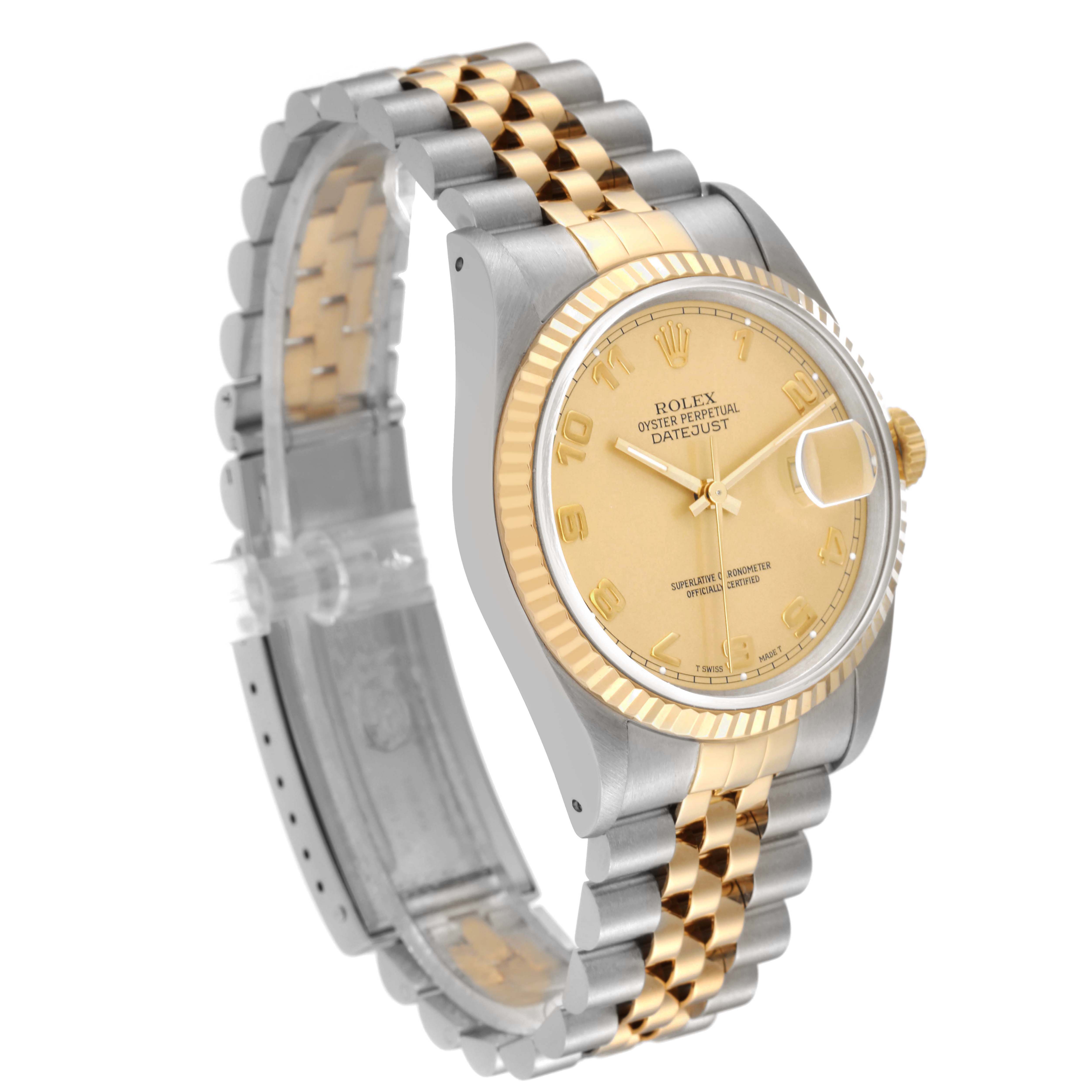 The image shows a Rolex Datejust 16233 Men's Steel and Gold (two tone) Champagne Dial watch at a three-quarter angle, highlighting the gold dial, two-tone bracelet, and fluted bezel.