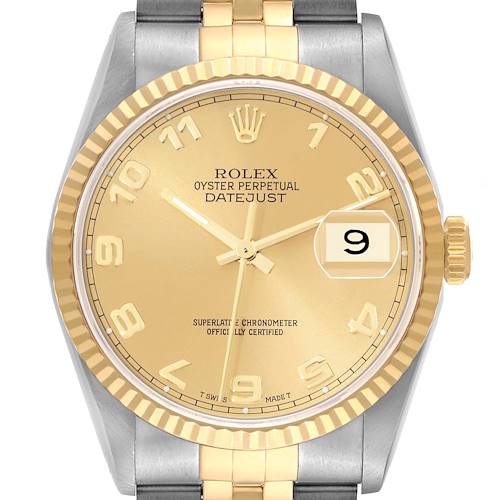 The Rolex Datejust 16233 Men's Steel and Gold (two tone) Champagne Dial watch is shown from the front, highlighting the gold dial, bezel, and part of the bracelet.