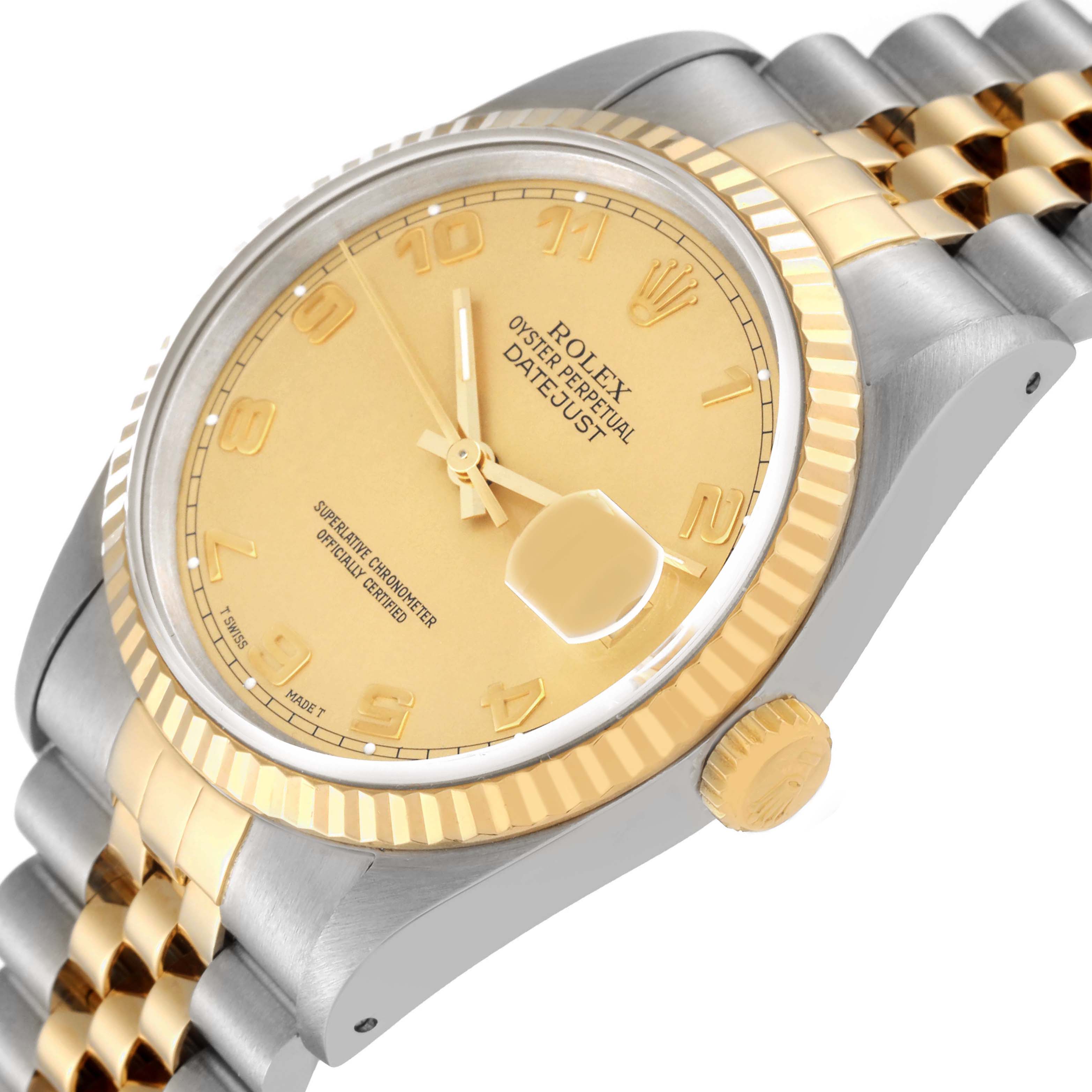 The Rolex Datejust 16233 Men's Steel and Gold (two tone) Champagne Dial watch is shown from a slight side angle, highlighting its gold dial, fluted bezel, and jubilee bracelet.