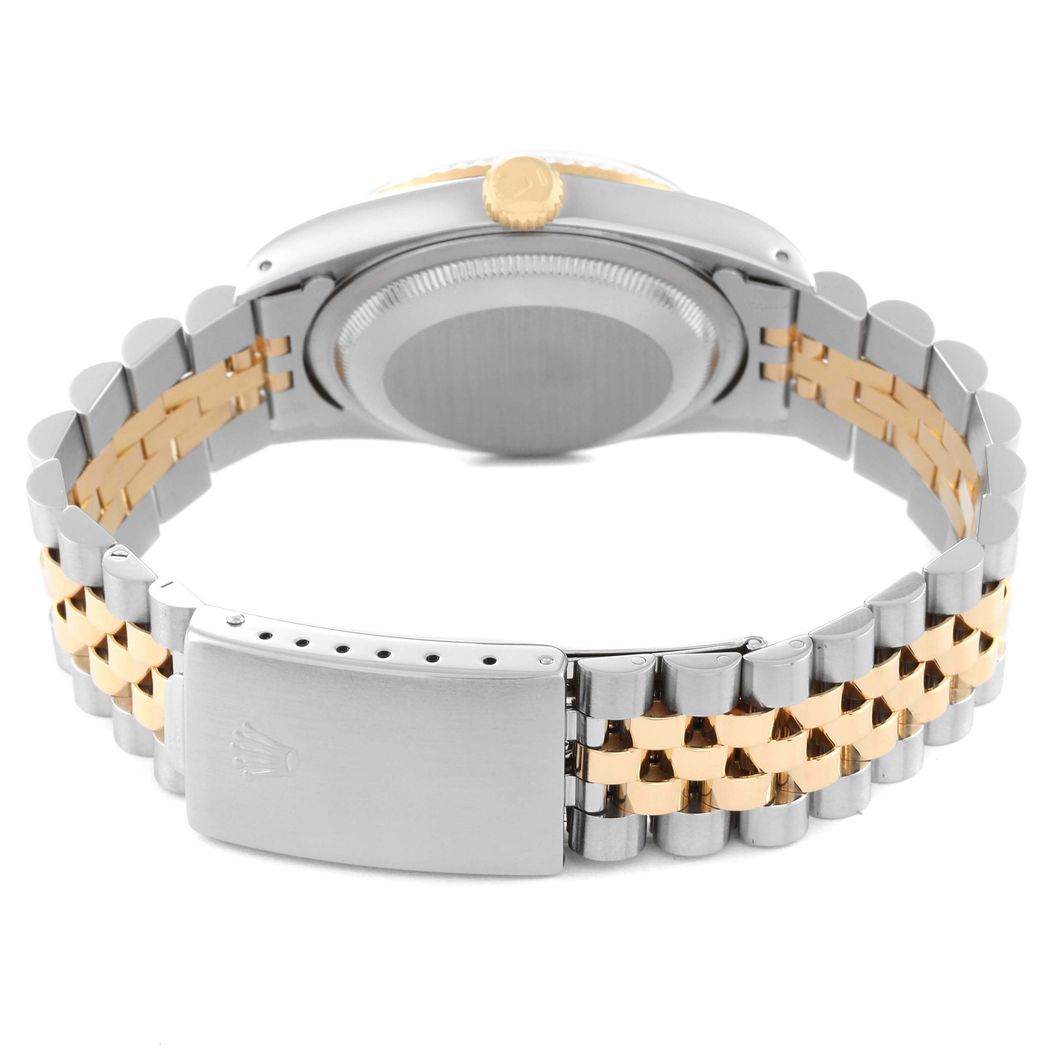 The image shows the back view of a Rolex Datejust 16233 Men's Steel and Gold (two tone) Champagne Dial watch, highlighting the clasp, bracelet, and case back.