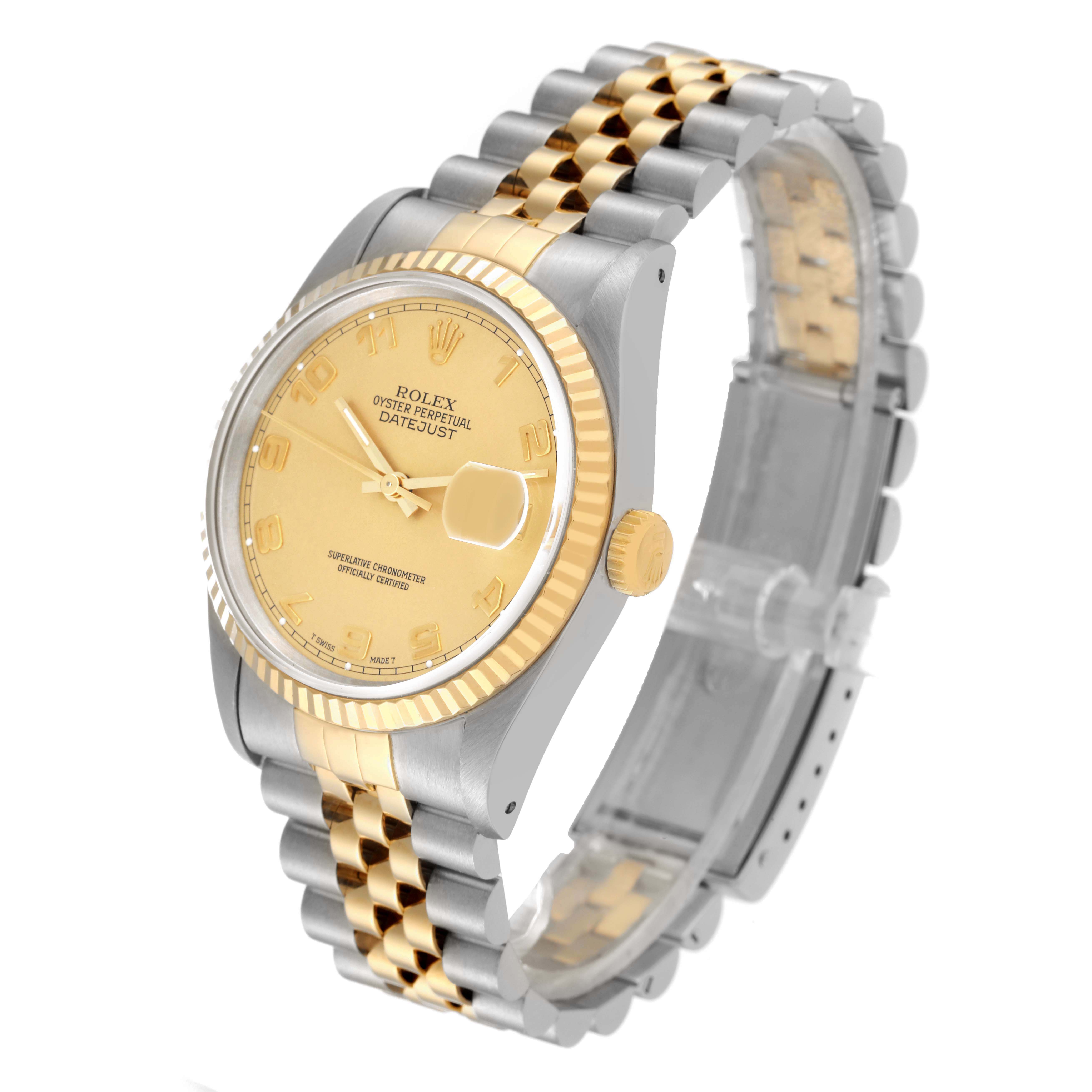 The Rolex Datejust 16233 Men's Steel and Gold (two tone) Champagne Dial watch is shown at a slight angle, displaying its face, bezel, two-tone bracelet, and crown.
