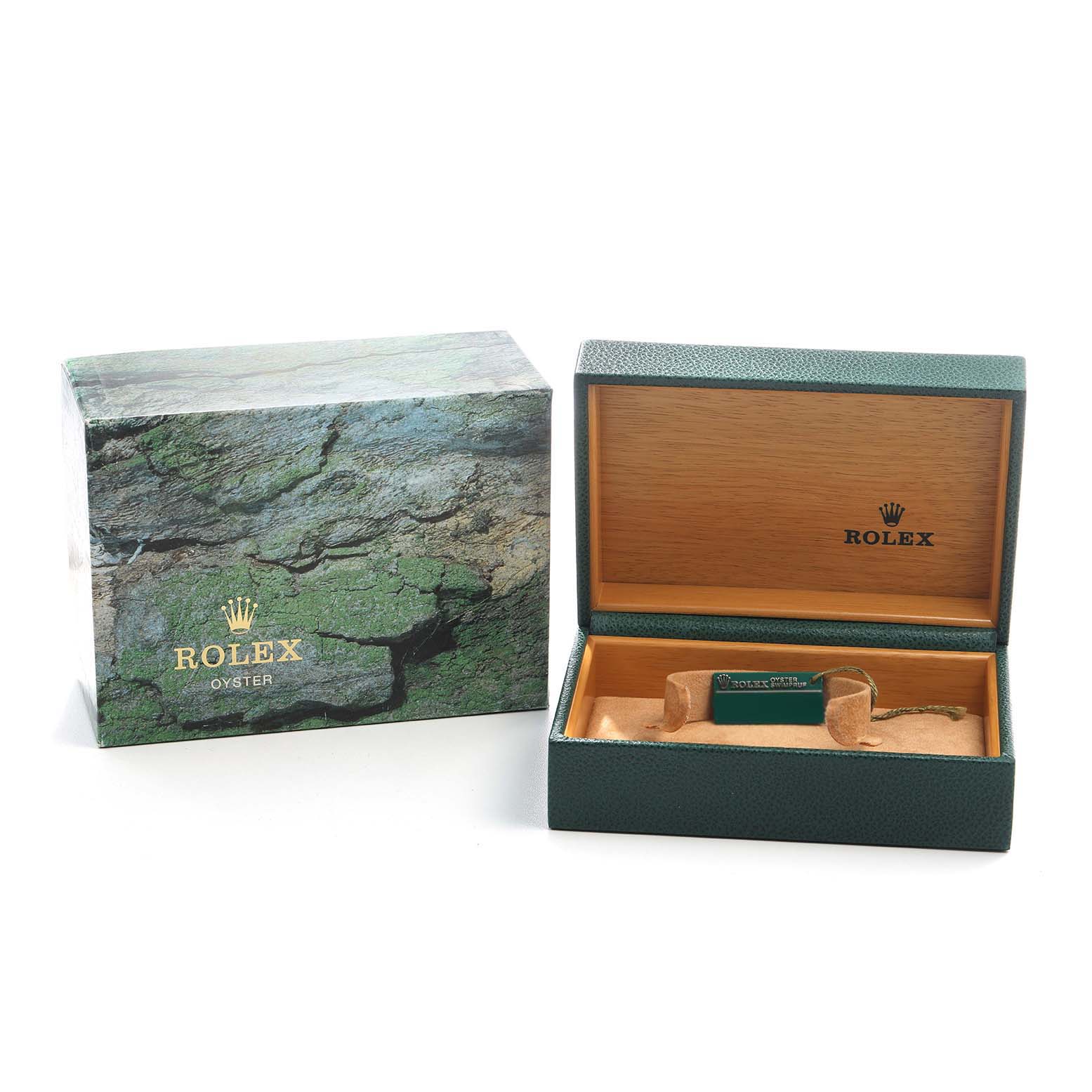 The image shows the Rolex Datejust 16233 Men's Steel and Gold (two tone) Champagne Dial packaging, including an outer box and an open inner box with a tag inside.