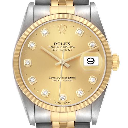 The Rolex Datejust 16233 Men's Steel and Gold (two tone) Champagne Dial is shown from a top angle, highlighting the gold dial, fluted bezel, date window, and part of the bracelet.