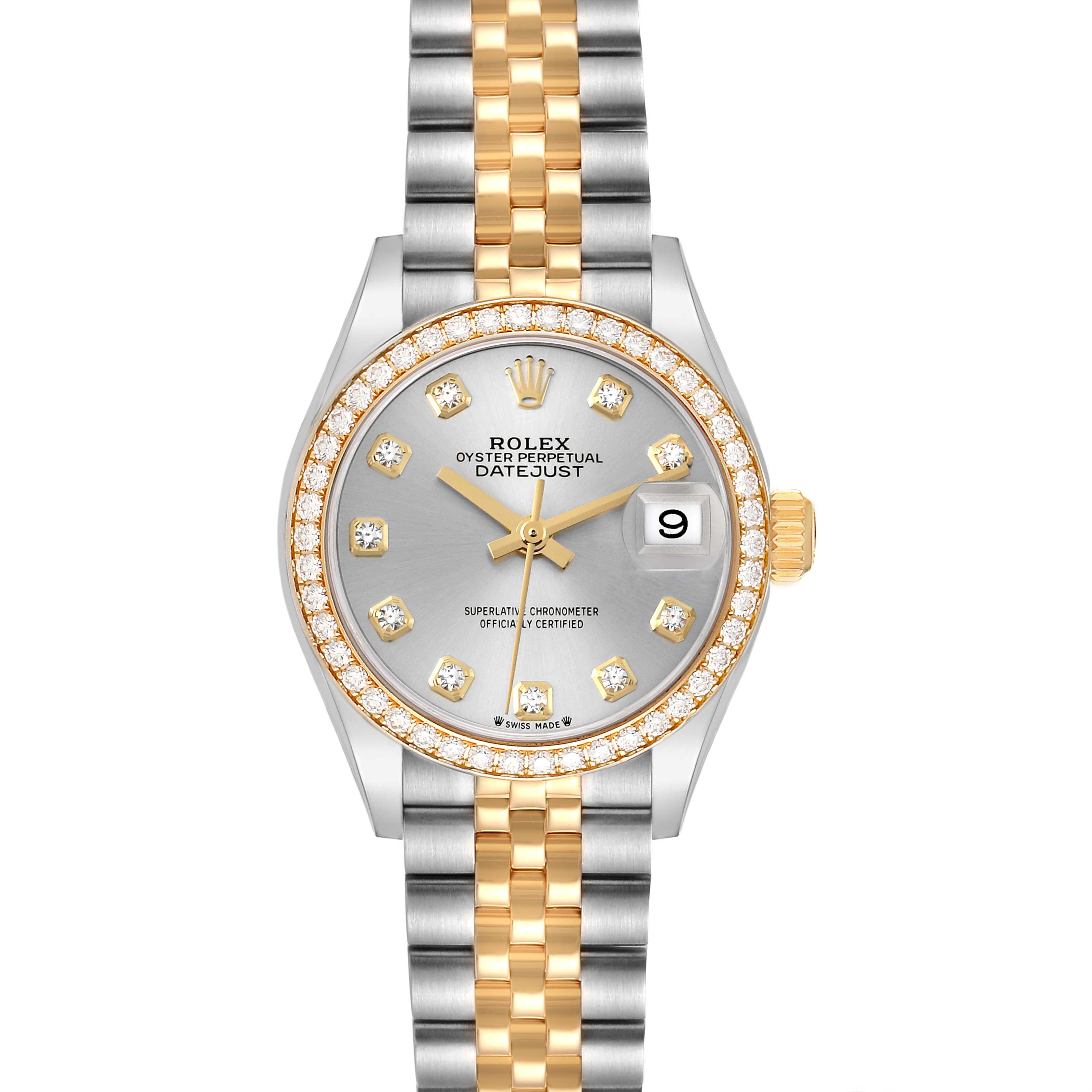 The image shows a Rolex Datejust 279383RBR Women's Steel and Gold (two tone) Silver Dial 279383RBR Women's Steel and Gold (two tone) Silver Dial watch from the front, highlighting the dial, bezel, bracelet, and date window.