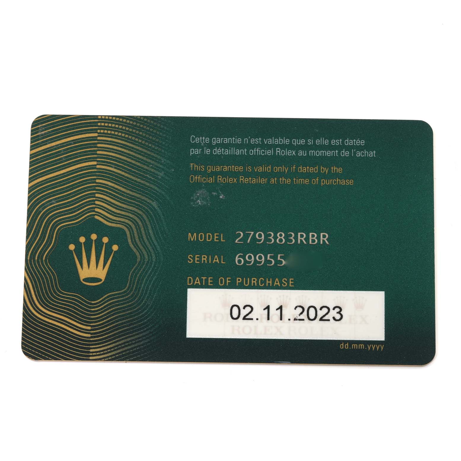 This image shows the warranty card for a Rolex Datejust 279383RBR Women's Steel and Gold (two tone) Silver Dial 279383RBR Women's Steel and Gold (two tone) Silver Dial model 279383RBR with the serial number and purchase date visible.