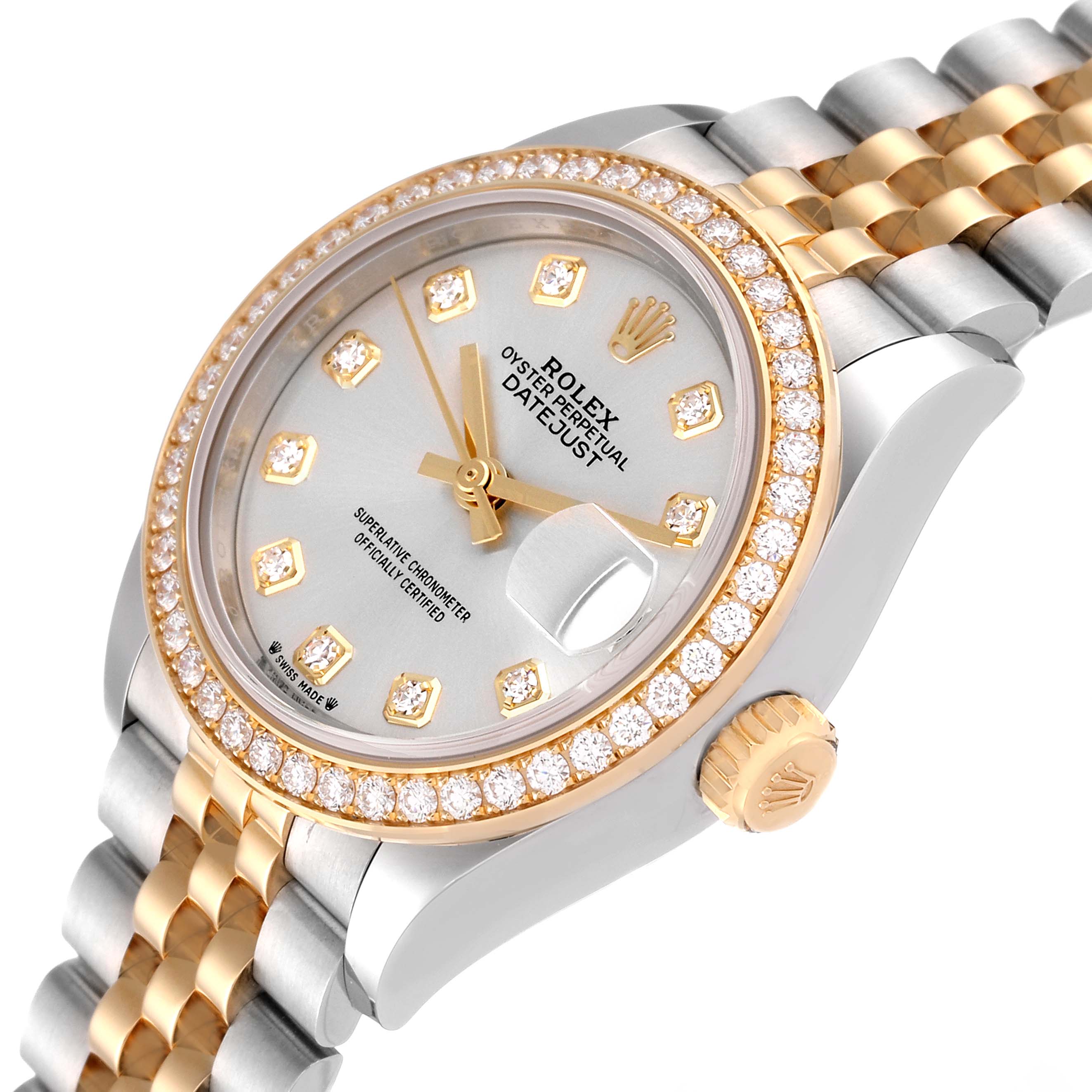 The image shows a Rolex Datejust 279383RBR Women's Steel and Gold (two tone) Silver Dial 279383RBR Women's Steel and Gold (two tone) Silver Dial watch from an angled view, highlighting the dial, bezel, crown, and part of the bracelet.