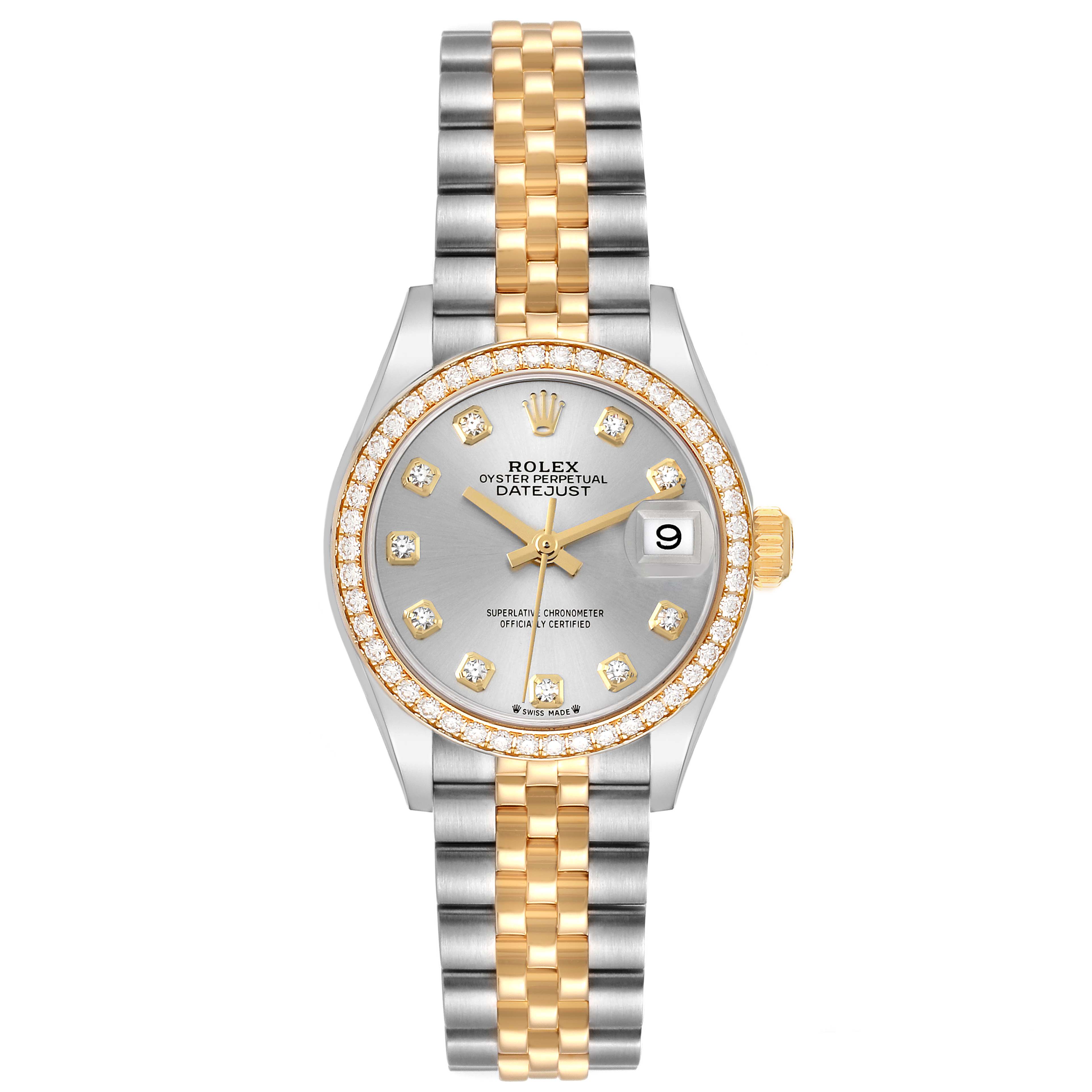 The image shows a front view of a Rolex Datejust 279383RBR Women's Steel and Gold (two tone) Silver Dial 279383RBR Women's Steel and Gold (two tone) Silver Dial, featuring a two-tone bracelet, silver diamond dial, and date window at 3 o'clock.