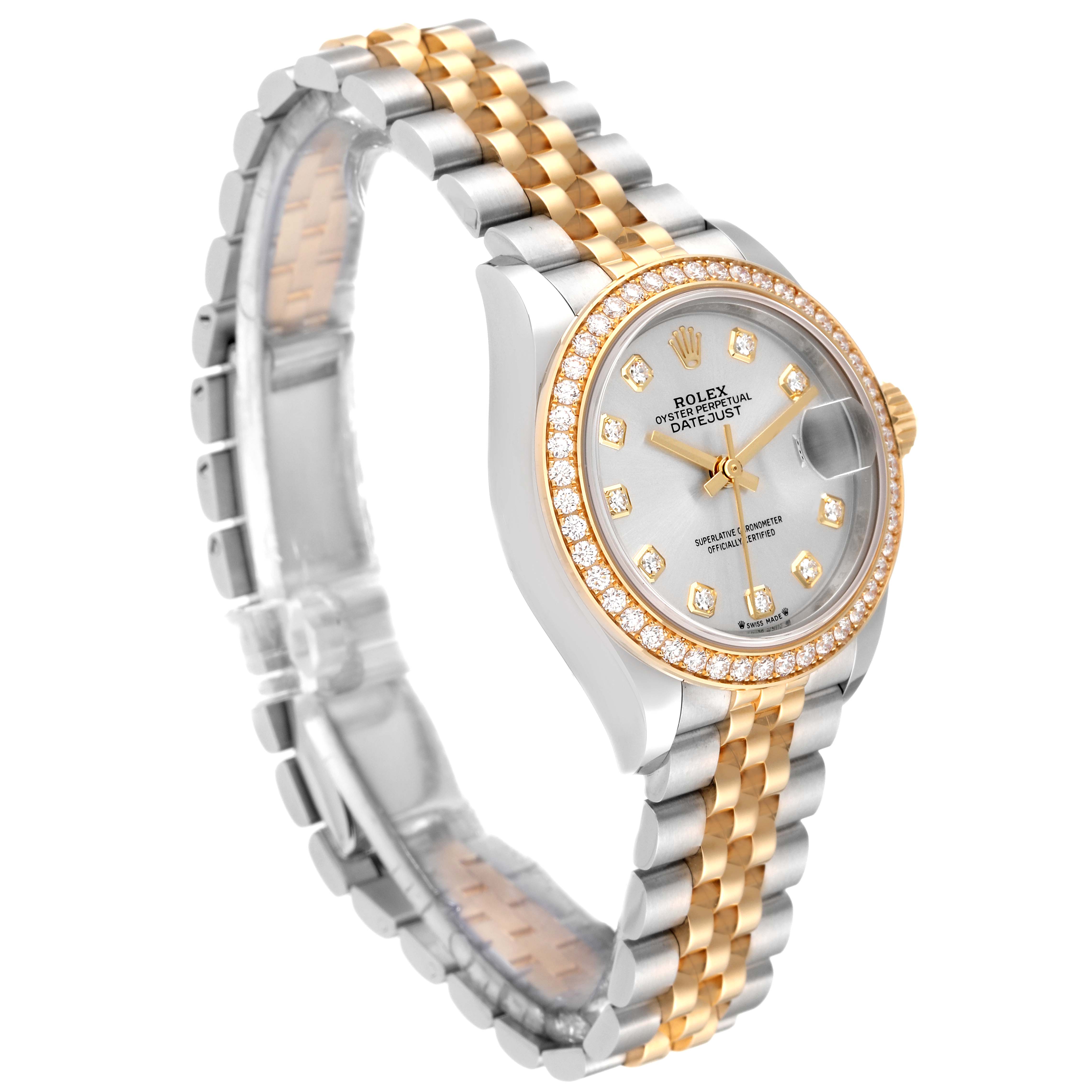 This Rolex Datejust 279383RBR Women's Steel and Gold (two tone) Silver Dial 279383RBR Women's Steel and Gold (two tone) Silver Dial watch is shown at a three-quarter angle highlighting its dial and two-tone bracelet.