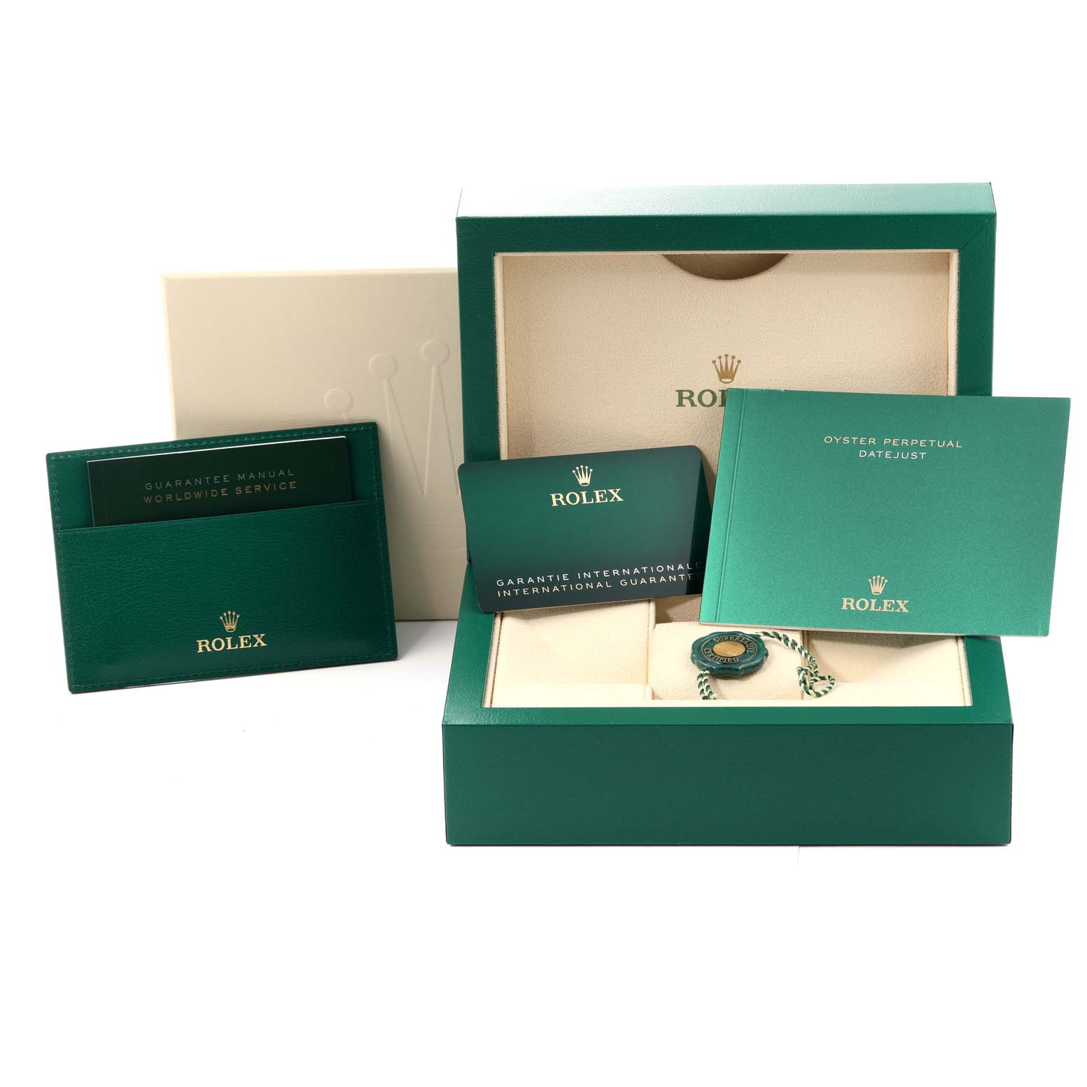 This image features the packaging and documents for a Rolex Datejust 279383RBR Women's Steel and Gold (two tone) Silver Dial 279383RBR Women's Steel and Gold (two tone) Silver Dial watch, with a box and manuals in a prominently displayed angle.