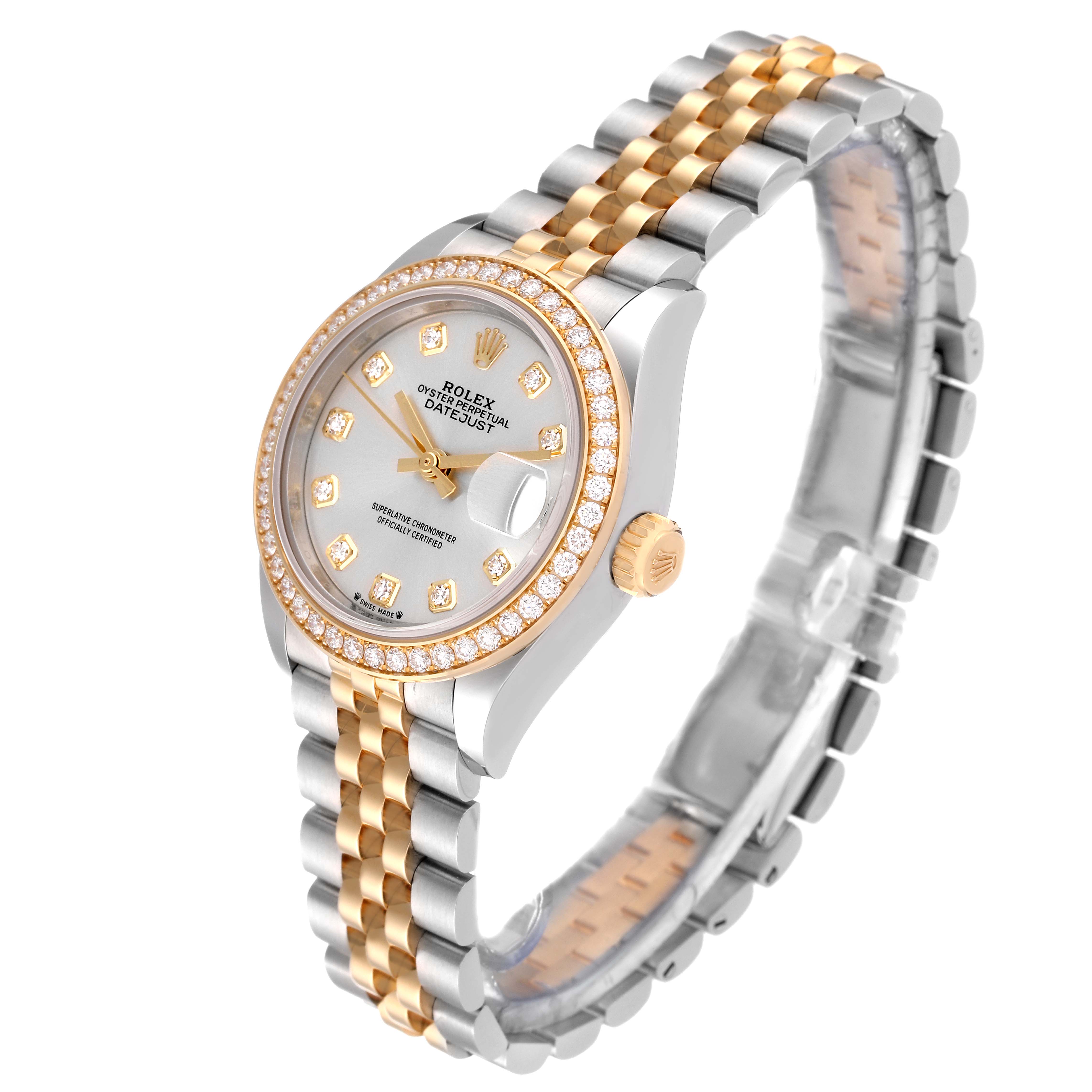 The image shows a Rolex Datejust 279383RBR Women's Steel and Gold (two tone) Silver Dial 279383RBR Women's Steel and Gold (two tone) Silver Dial watch at an angled view, highlighting its bezel, dial with diamond markers, crown, and jubilee bracelet.