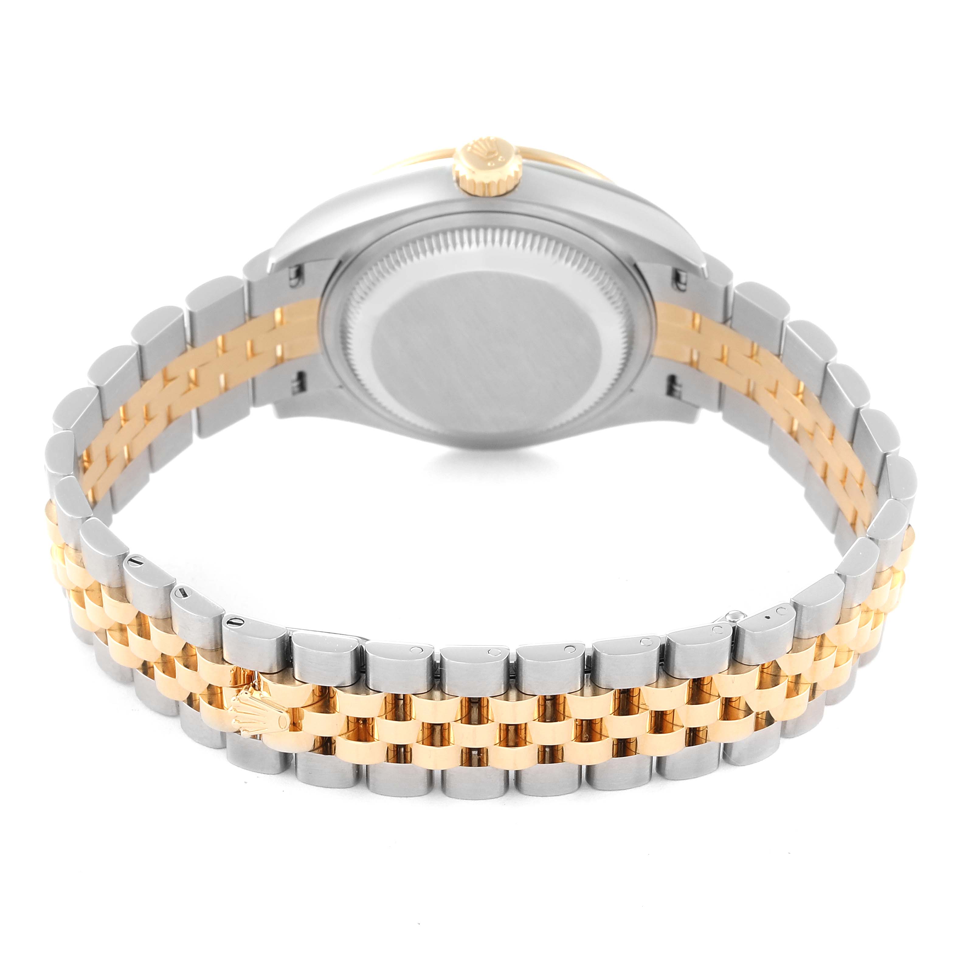 This image shows the back view of a Rolex Datejust 279383RBR Women's Steel and Gold (two tone) Silver Dial 279383RBR Women's Steel and Gold (two tone) Silver Dial watch, focusing on its jubilee bracelet and case back.