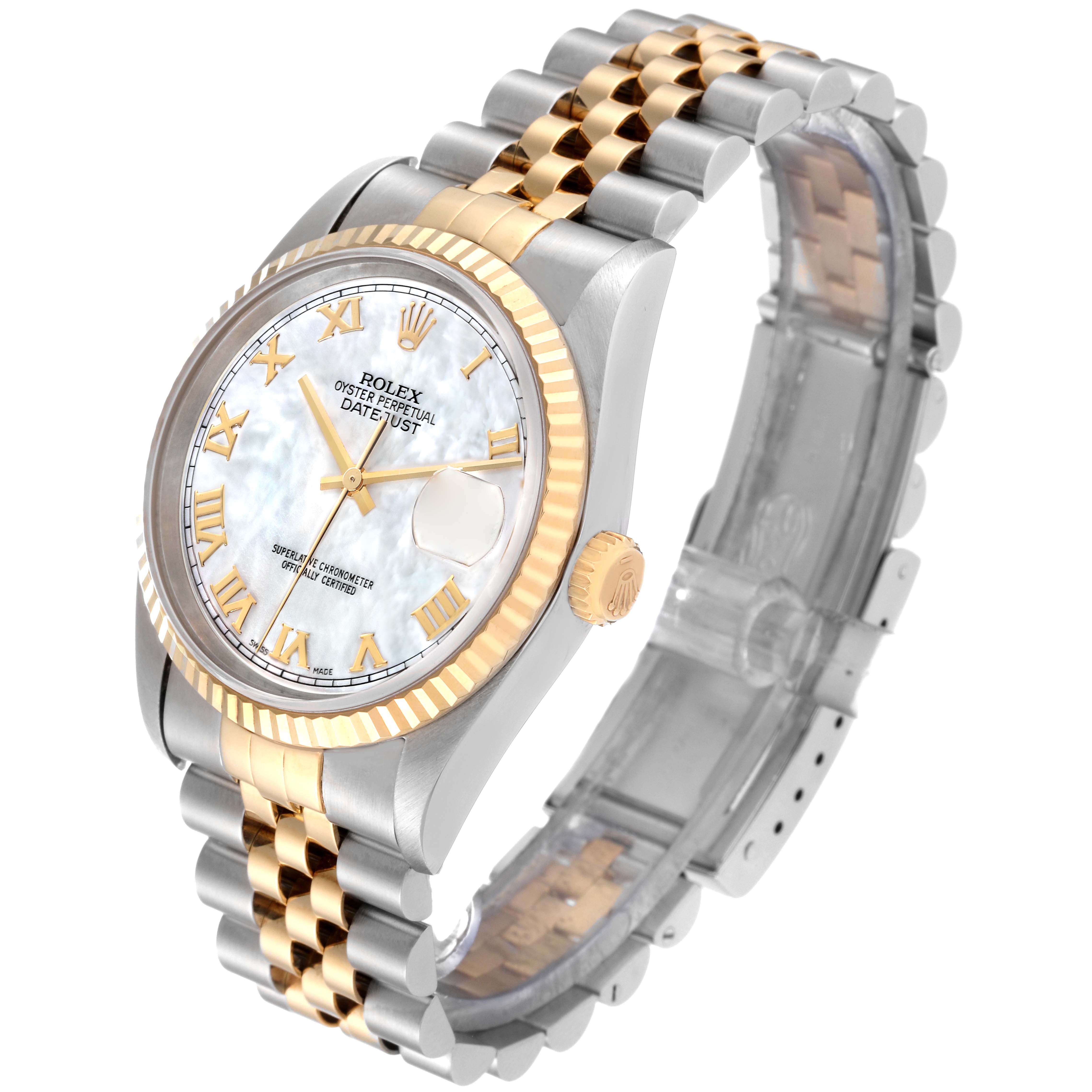 This image shows the Rolex Datejust 16233NR Men's Steel and Gold (two tone) Mother of Pearl Dial 16233NR Men's Steel and Gold (two tone) Mother of Pearl Dial watch angled to display the face, bezel, crown, and Jubilee bracelet.