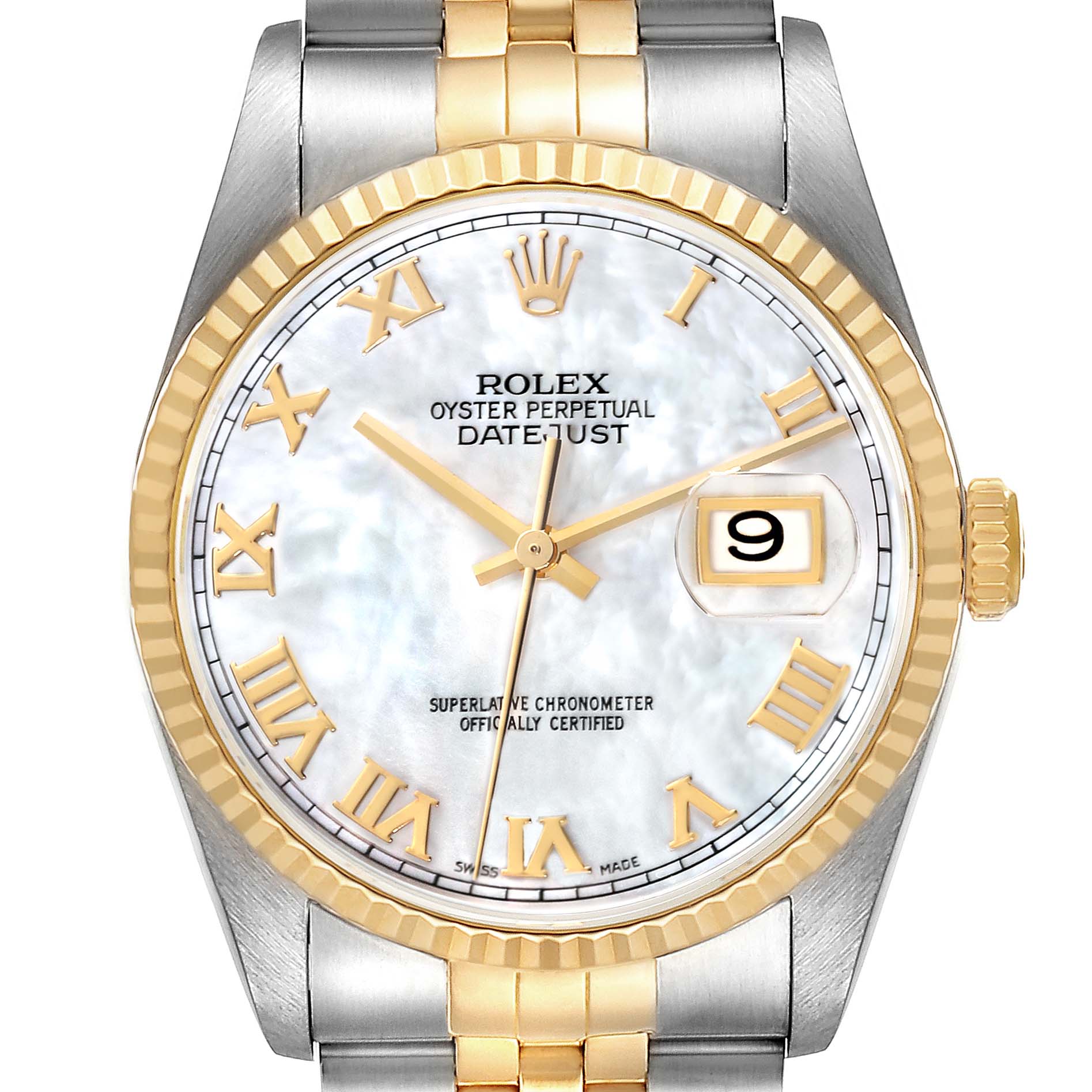 This image shows a frontal view of a Rolex Datejust 16233NR Men's Steel and Gold (two tone) Mother of Pearl Dial 16233NR Men's Steel and Gold (two tone) Mother of Pearl Dial watch, highlighting its dial, bezel, crown, and bracelet.